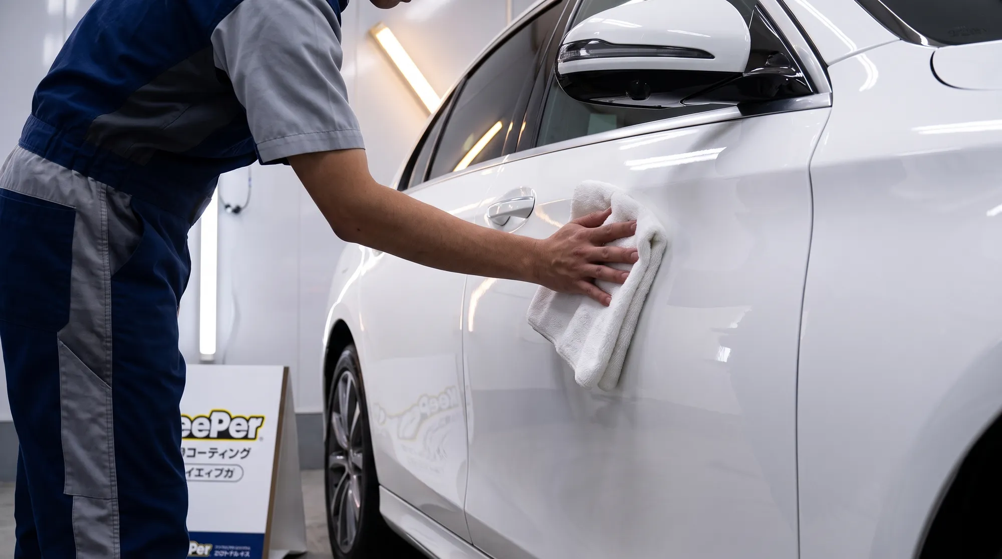 プロの技術者が屋内で白い車のサイドドアを丁寧にコーティング処理しているシーン。特殊なLED照明が塗装面を鋭く照らし出す、プロフェッショナルな施工環境の様子です。