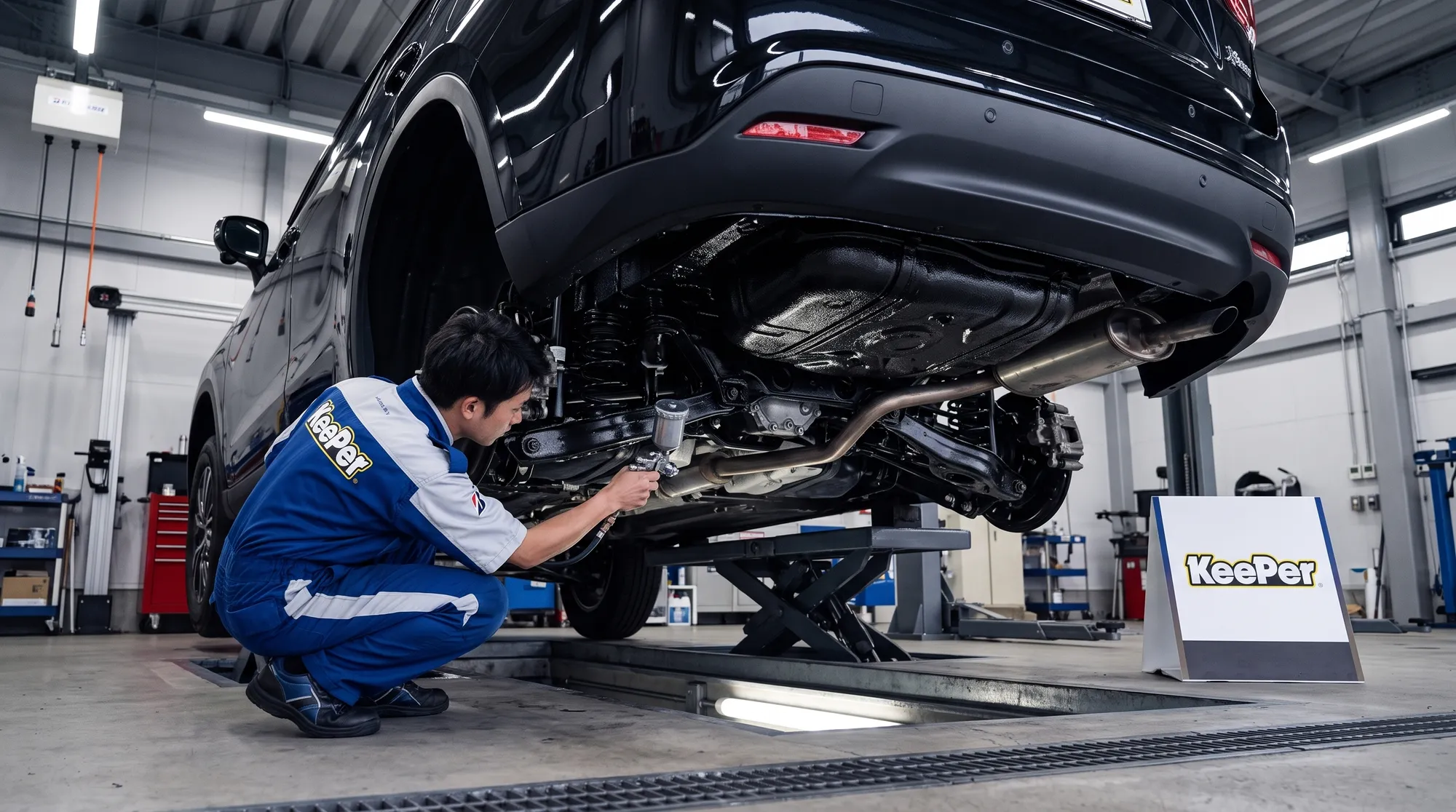 車の下廻り防錆処理の施工内容を説明する挿絵。ローアングルから見上げた艶のある黒系ボディが重厚な印象を与え、美しい反射のディテールが際立つメンテナンスシーンです。