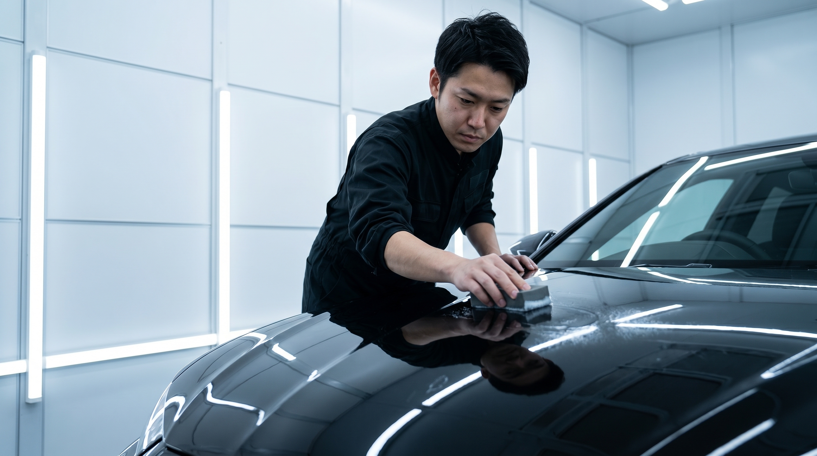 清潔な専用施工ブース内で、プロのスタッフが黒いスポーツカーのボンネットへ専用スポンジを使って丁寧にコーティング液剤を塗り込んでいる手元のクローズアップ。