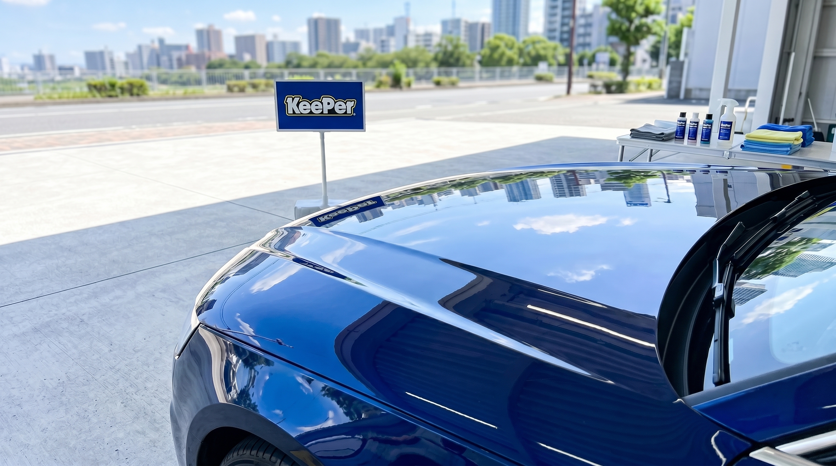屋外の明るい自然光の下で、プロによるカーコーティング施工が完了した車の様子。艶やかに磨かれたボディの表面に、爽やかな青空と街並みがくっきりと映り込むシーン。