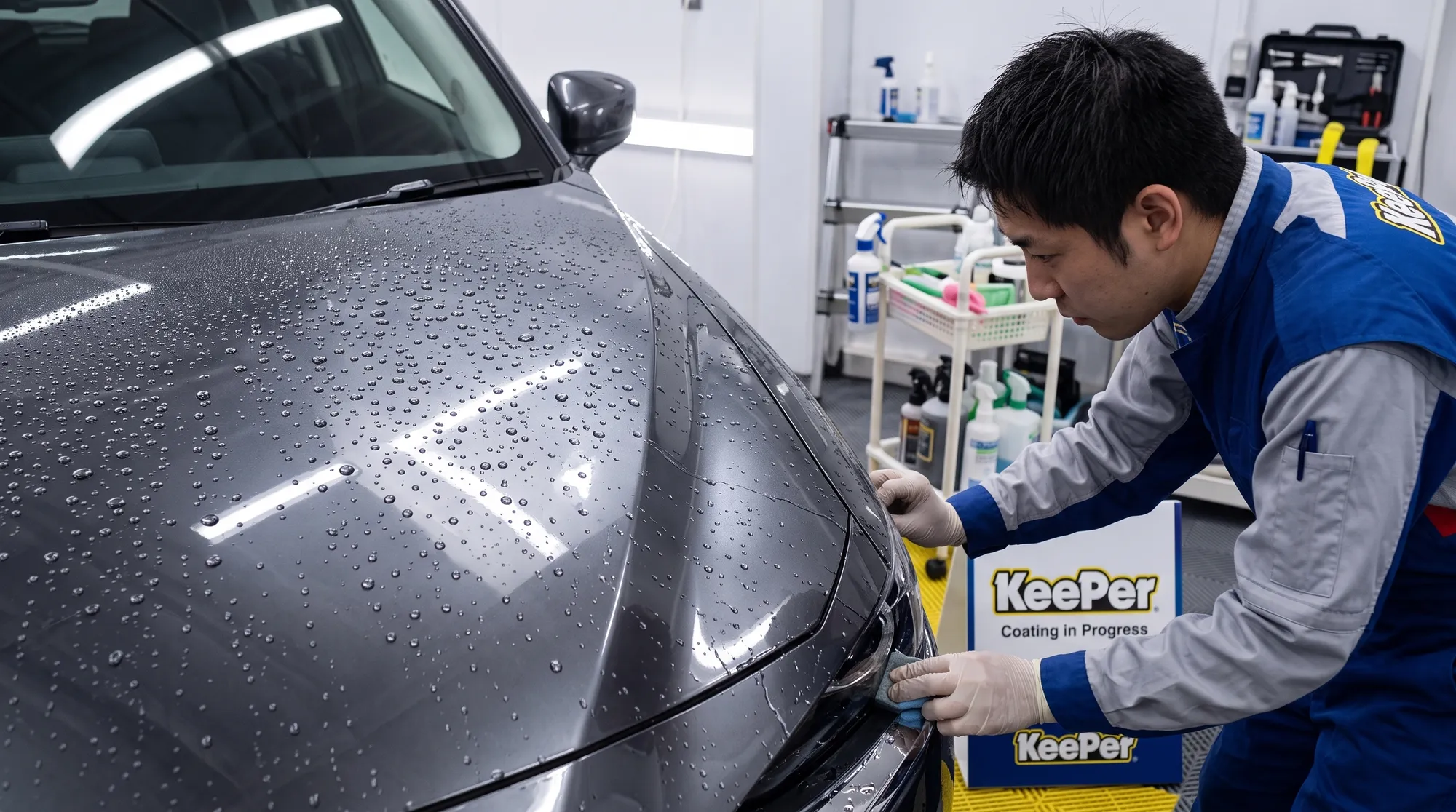 車のボンネットに施された防錆コーティングにより、水滴が玉のように弾く様子を捉えたクローズアップ画像。専門スタッフがメンテナンスを行う、クリアな質感の一枚です。