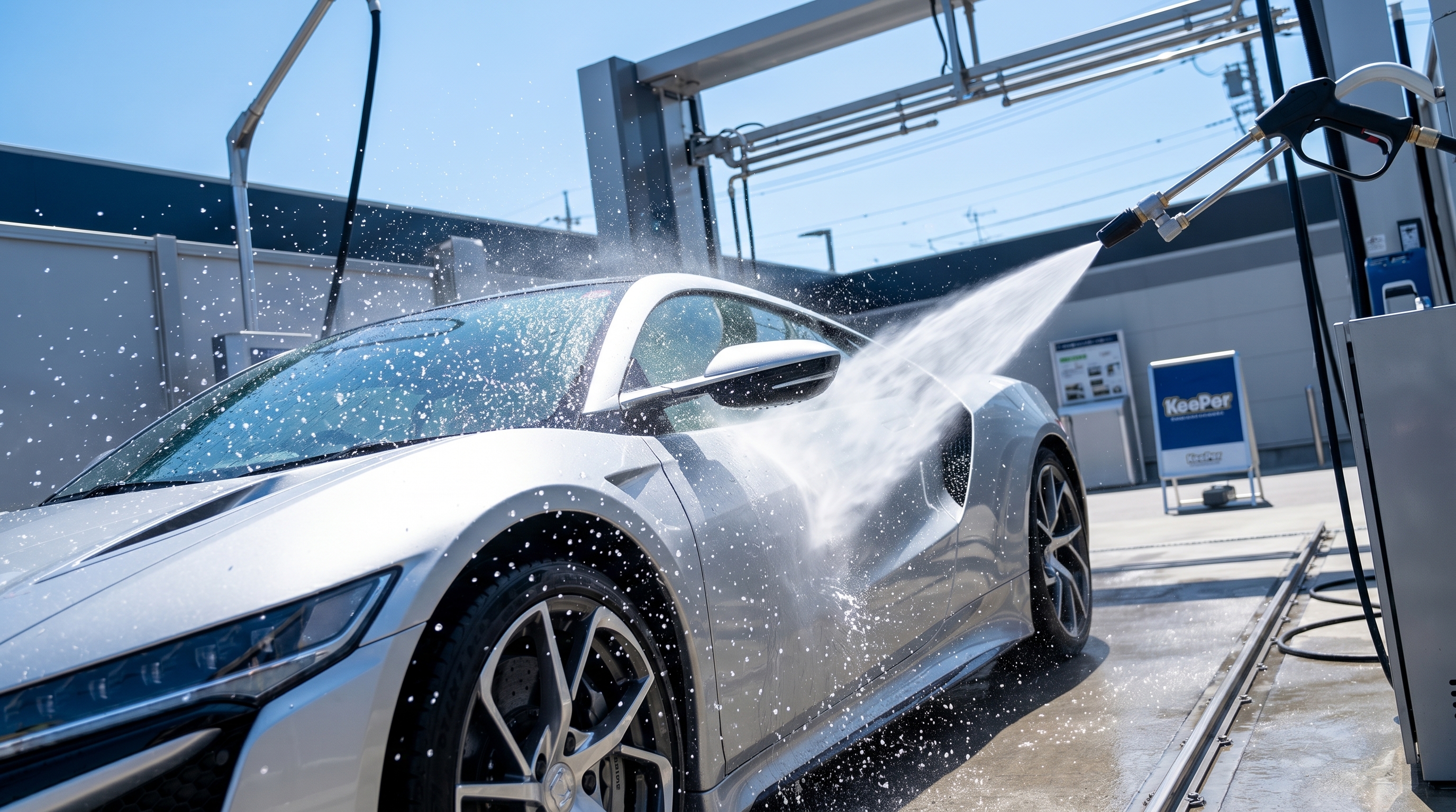 快晴の洗車ステーションで、シルバーのスポーツカーに高圧洗浄機で水を噴射している瞬間。光を反射して飛び散る水しぶきを利用し、非接触で汚れを落としている様子です。