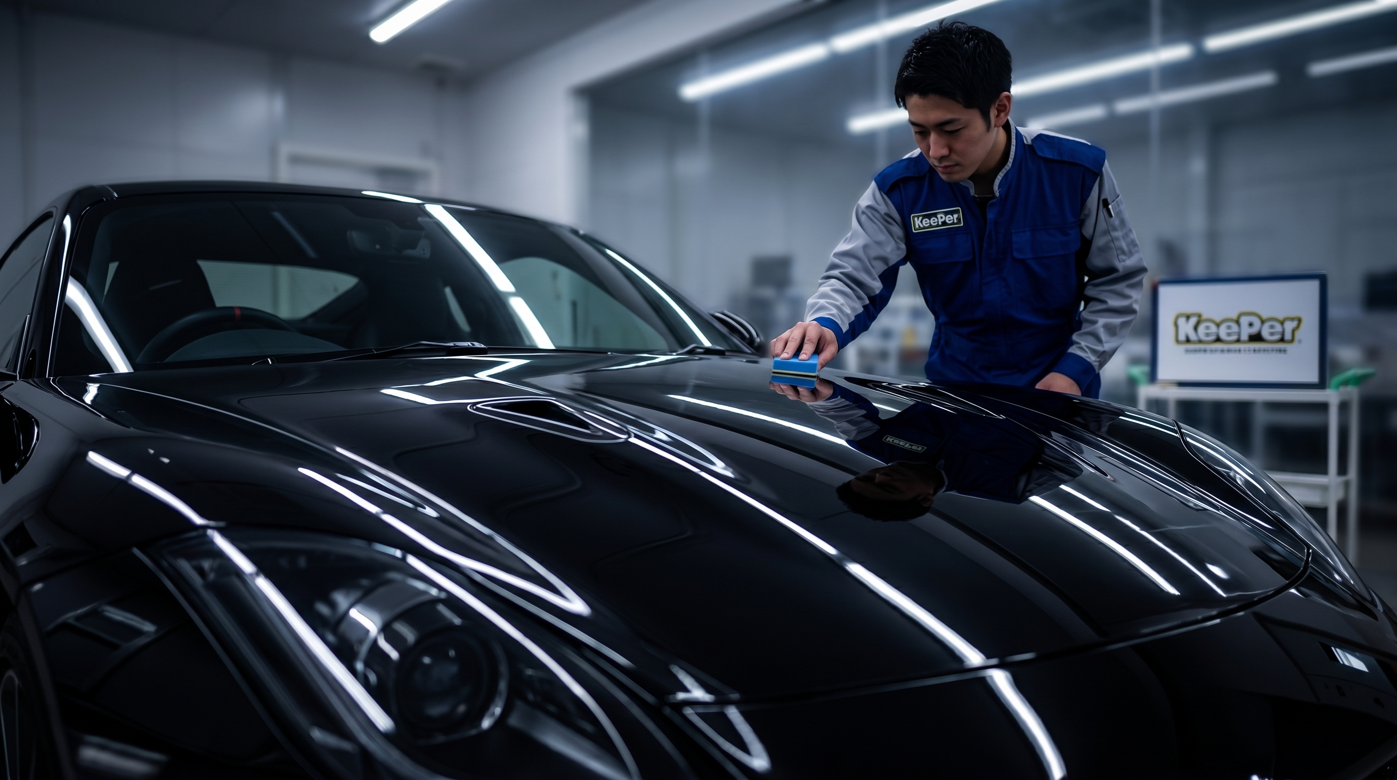 鏡のように反射する漆黒のスポーツカーに、コーティング剤を塗り込むスタッフの様子。特殊な照明が、ボディの傷一つない美しい仕上がりを浮き彫りにしているシーンです。