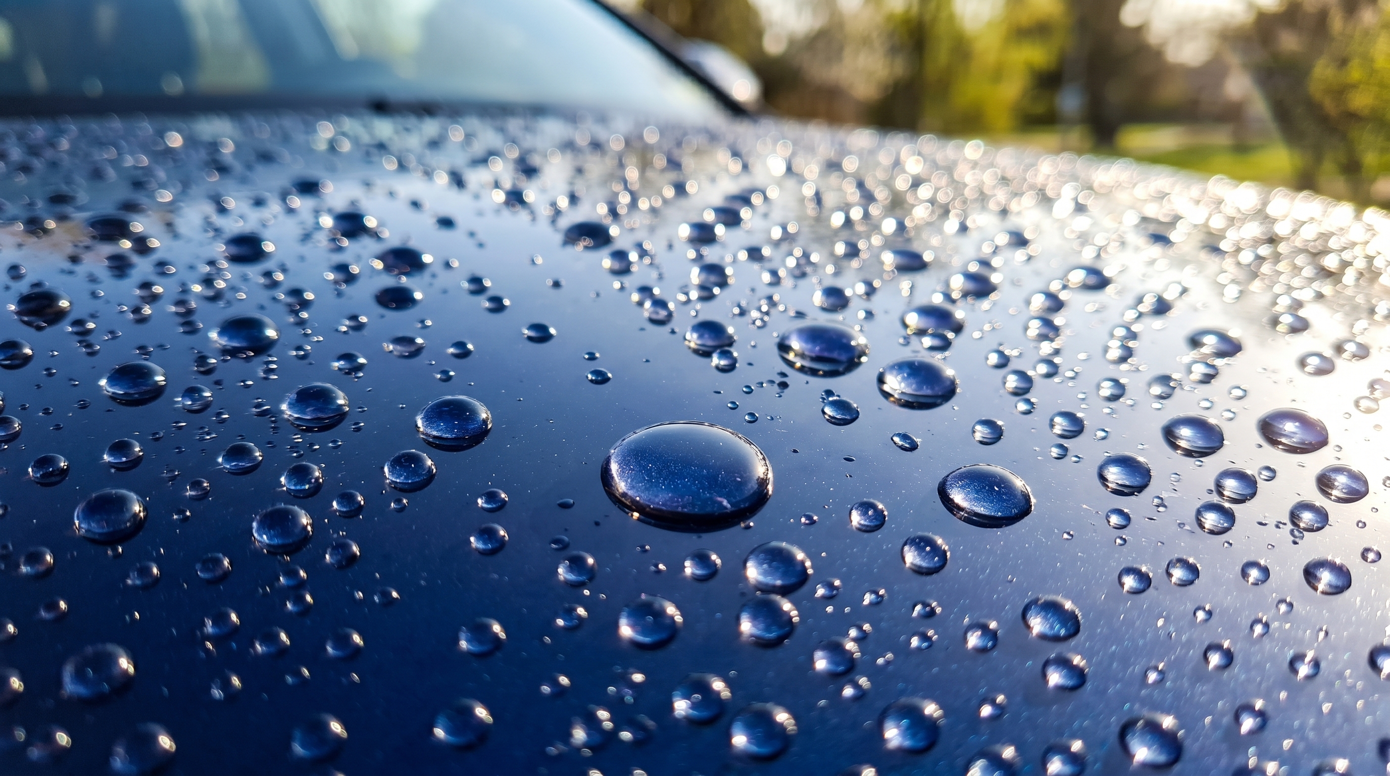 深いネイビーブルーの車のボンネットを、太陽光を反射して輝く水滴が滑り落ちる様子。コーティングによる圧倒的な撥水効果と水弾きの良さを鮮明に捉えたクローズアップ。