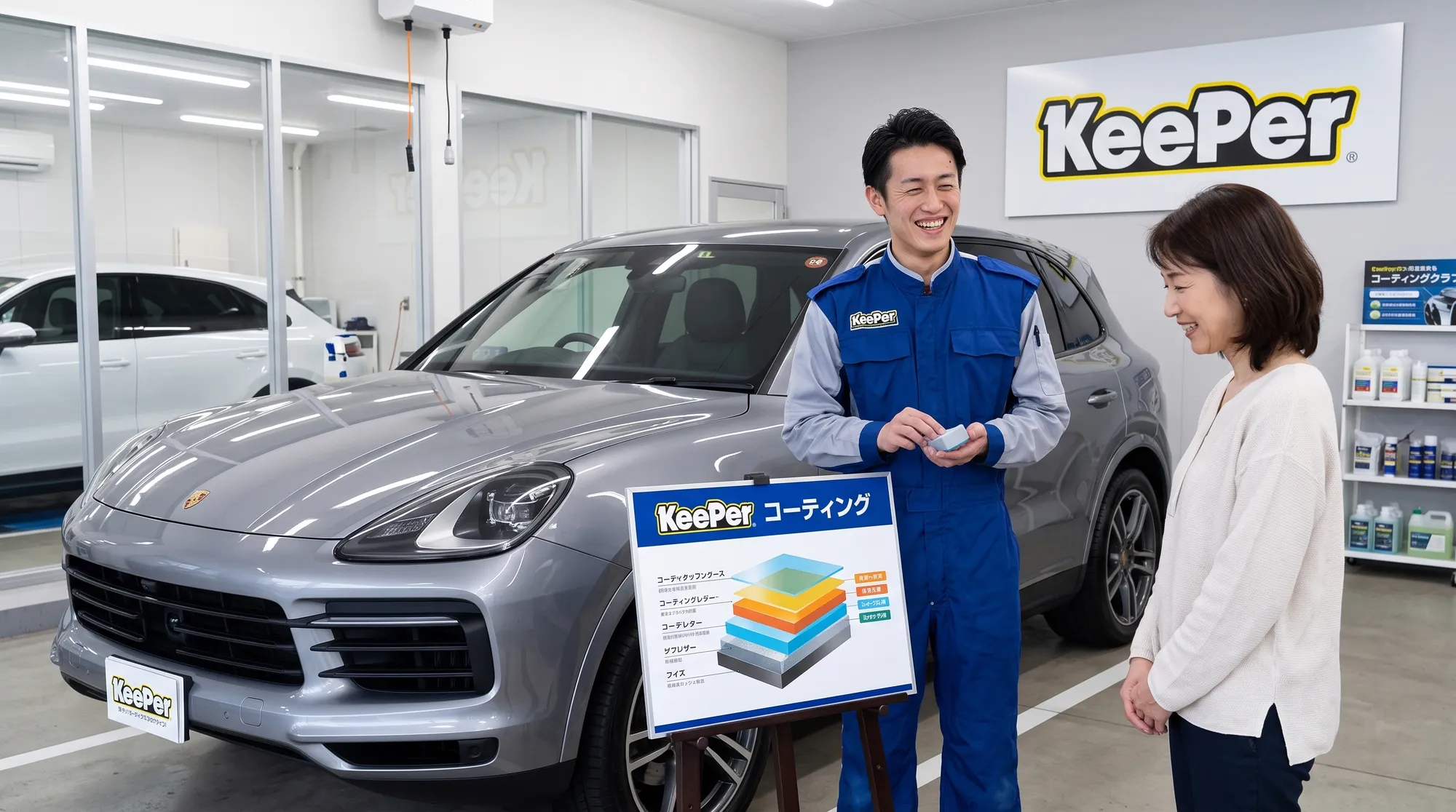 明るく清潔感のある店舗内で、プロのコーティング技術者が笑顔でお客様に対して施工の流れや作業内容を丁寧に説明している様子。