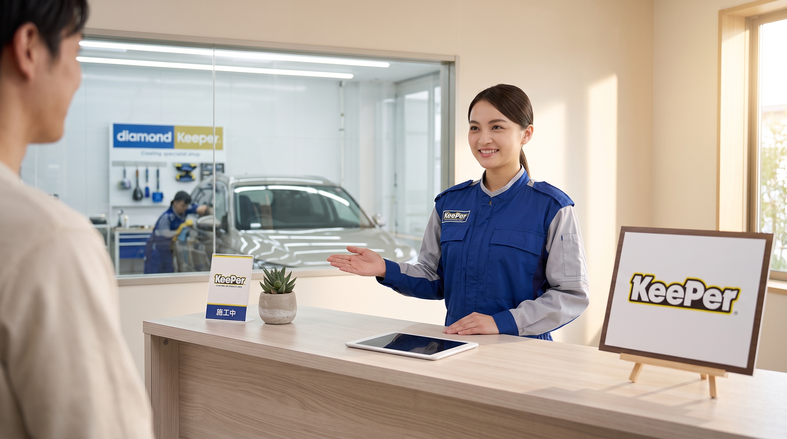 コーティング専門店の木目調の受付カウンター越しに、制服姿のスタッフが丁寧に案内をしている様子。ガラス越しに奥の車が見える、温かみのある顧客視点のシーン。