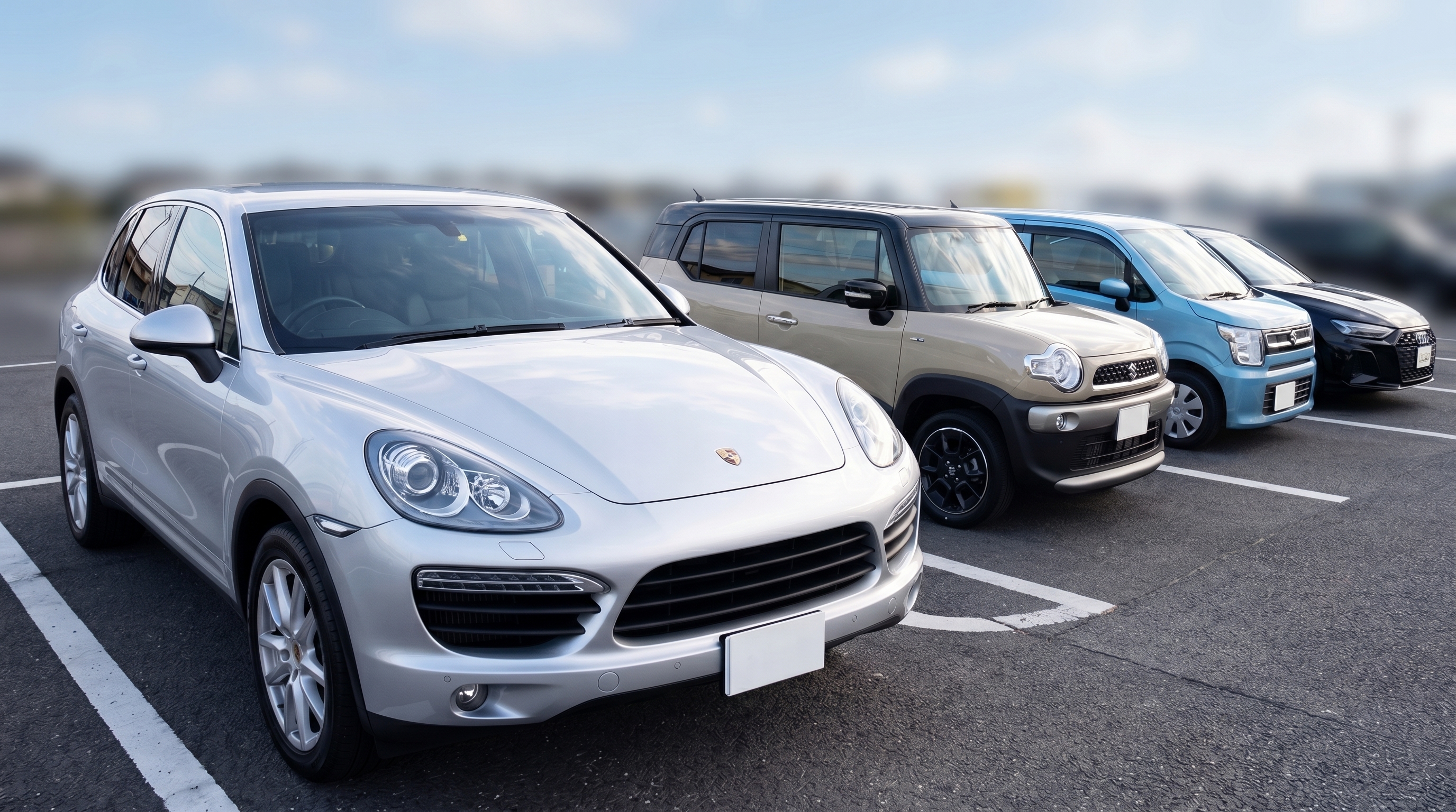屋外の駐車場に、コーティング施工後のピカピカの車が複数台並んでいる様子。背景はぼかされており、美しく仕上がった車両の存在感が際立つクリーンな構図の写真です。