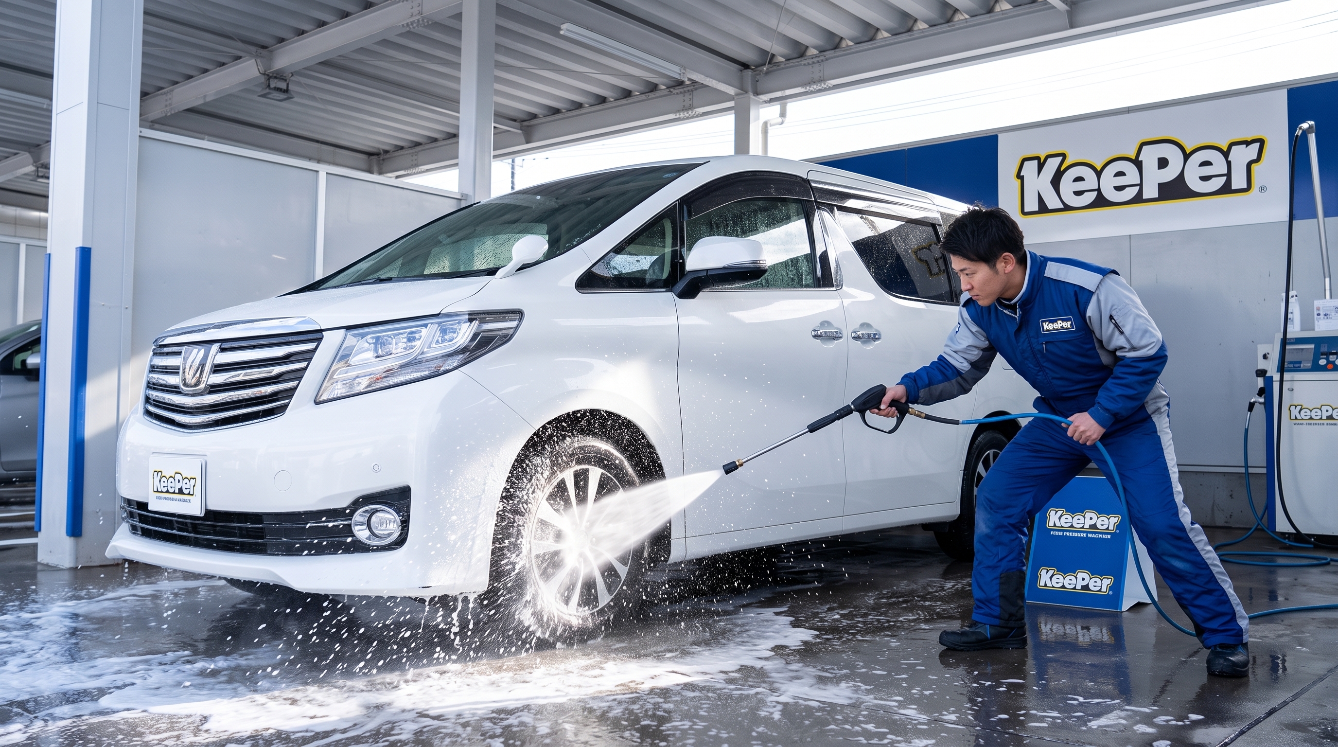 屋外の洗車スペースで白いミニバンを洗浄するスタッフの様子。高圧洗浄機を使って車体の下廻りや足回りの汚れを勢いよく洗い流し、水しぶきが光に反射している。