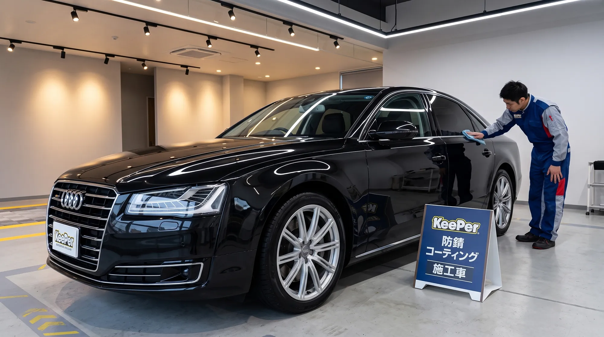 プロがカーコーティングを施工し、艶やかに仕上がった車の様子。明るく清潔な照明の下、磨き上げられたボディの塗装に光が美しく映り込む、高級感あふれるシーンです。