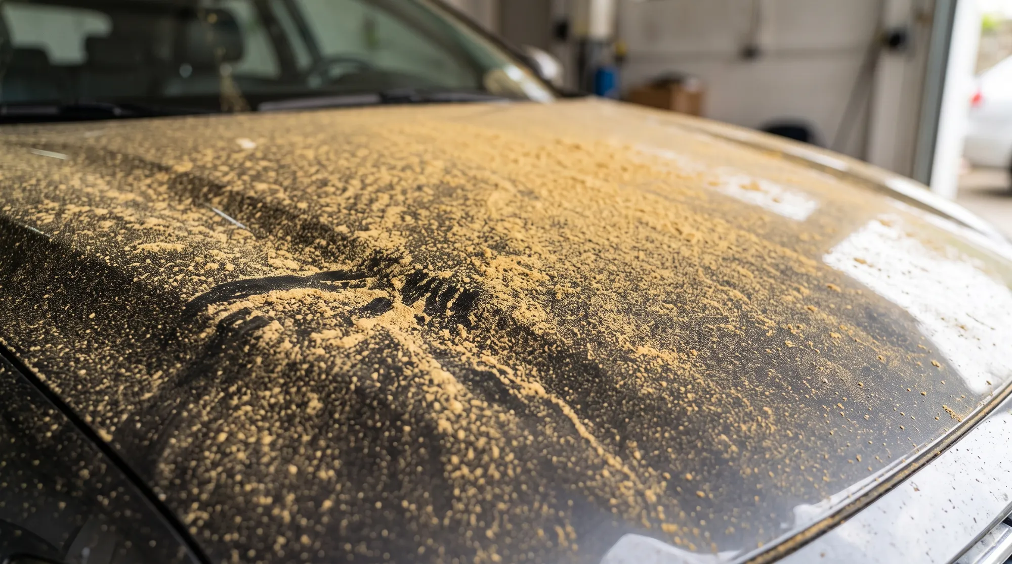 車の天敵である黄砂や花粉などの汚れが付着してしまったボンネットのクローズアップ。塗装表面に細かな砂や汚れが蓄積している状態をリアルに捉えた様子です。