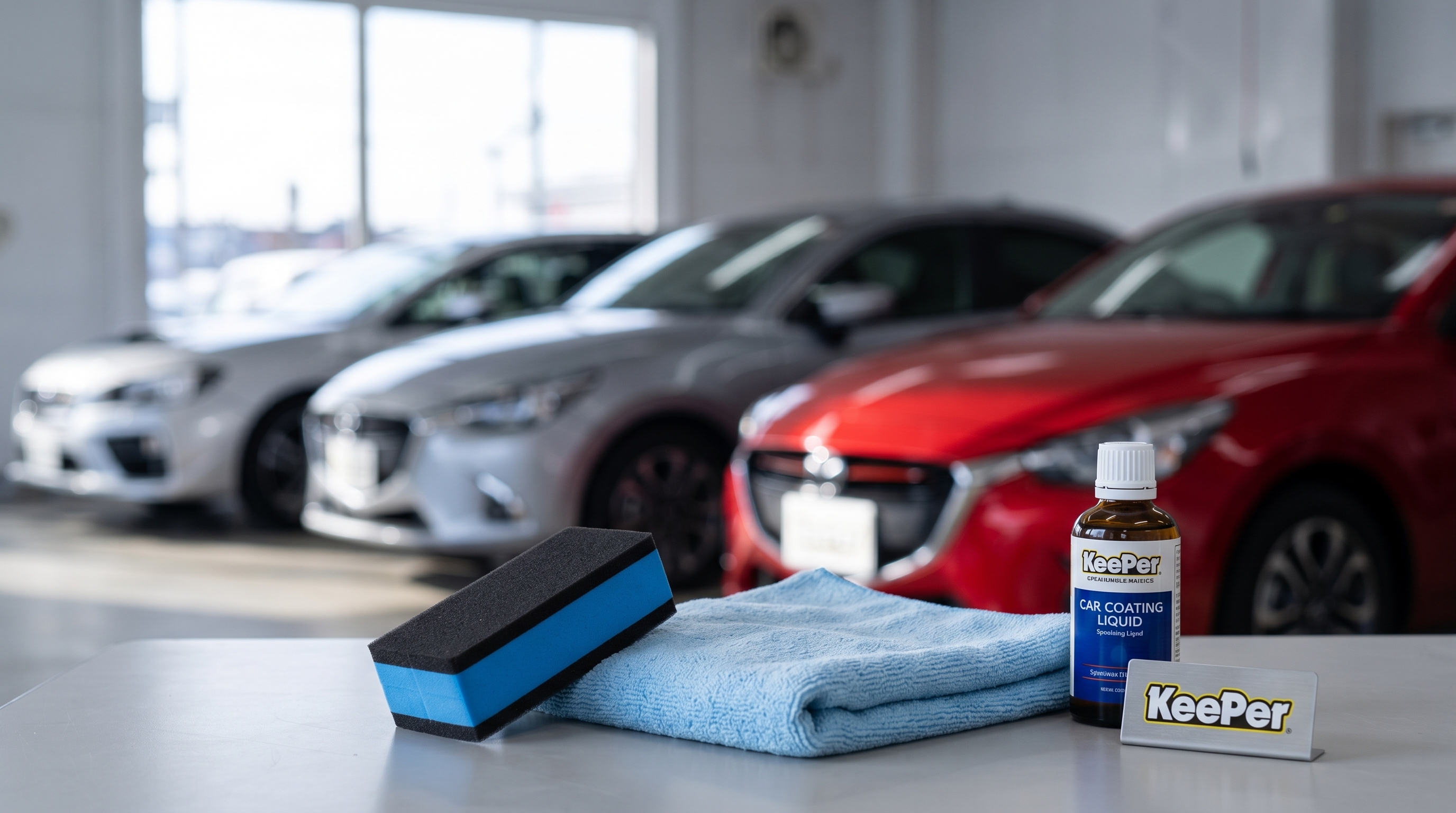色とりどりの車を背景にぼかし、手前のコーティング用スポンジやクロスに焦点を当てたクローズアップ。澄んだ日差しが差し込む、清潔感あふれるトーンで捉えた様子です。
