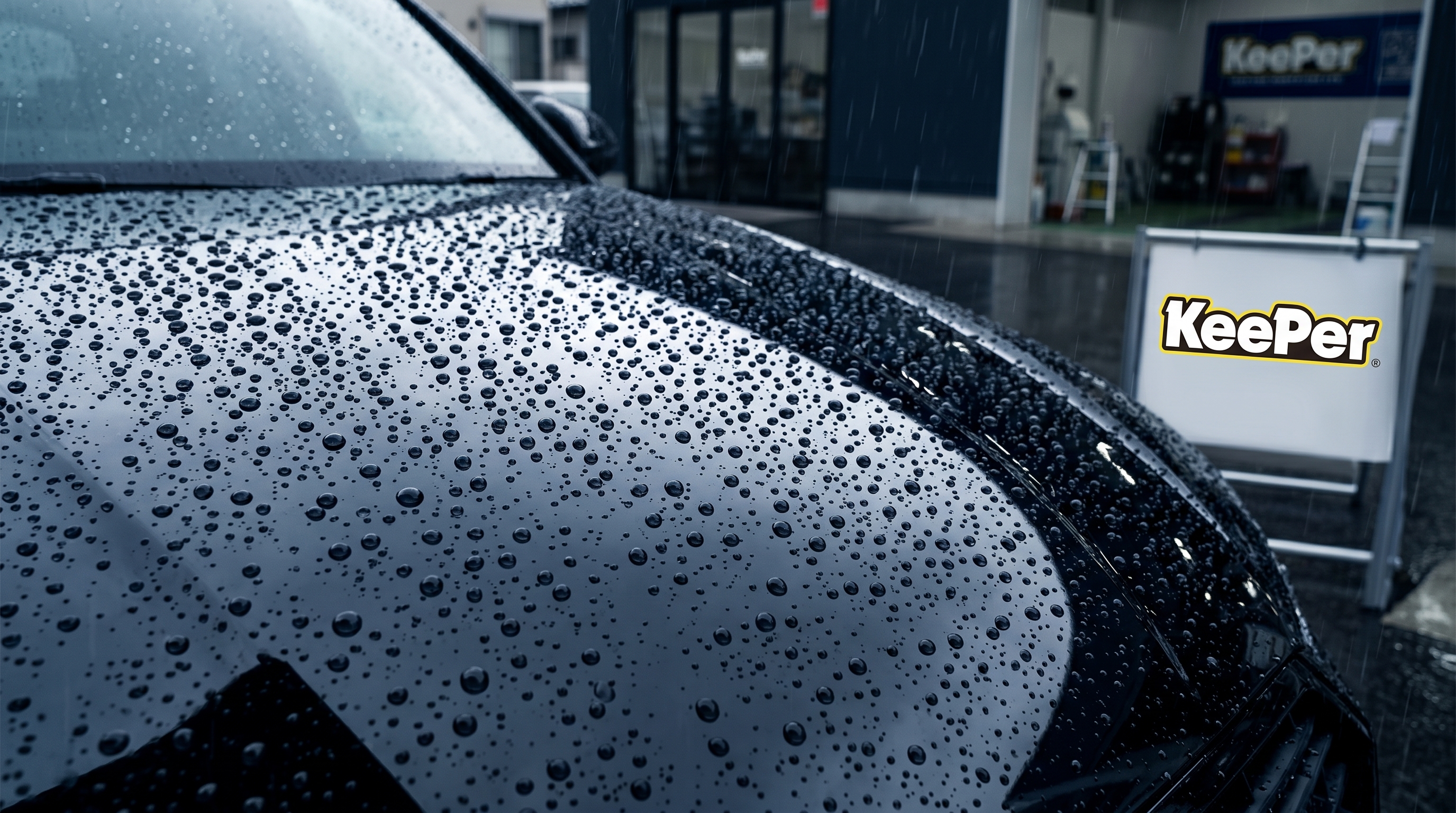 カーコーティング施工後のボンネットに落ちた雨の水滴が、玉のように美しく弾く様子のクローズアップ。クリアな色味で、車の高い撥水性能を写実的に表現したシーンです。