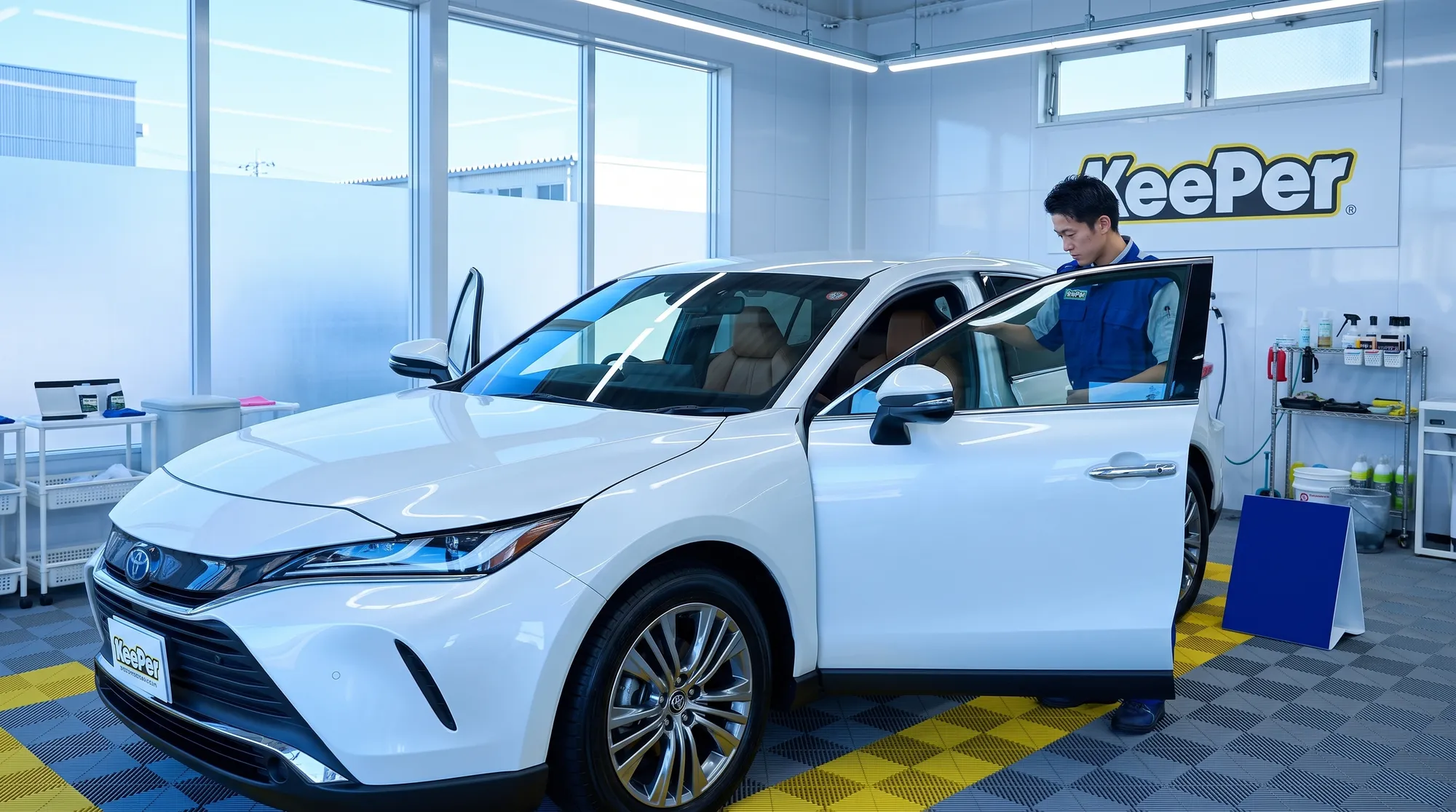 清潔な施工ブースに停められた白い車の斜め前方からの構図。ドアが開き美しい内装が見える中、スタッフが磨き上げられたボディの艶や仕上がりを確認している様子。