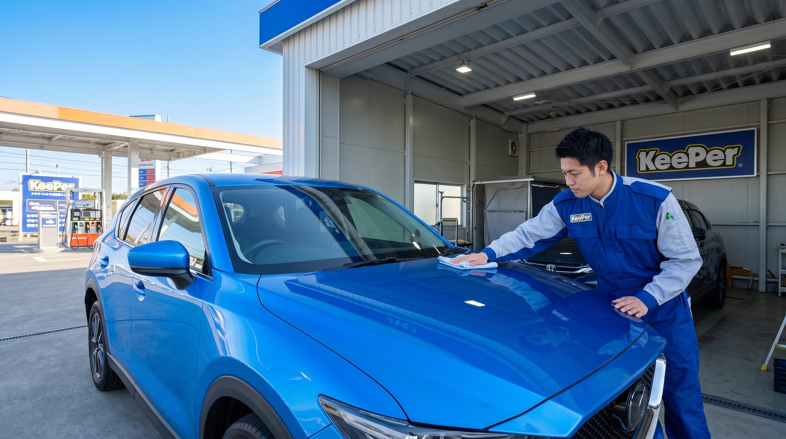 初夏の青空の下、洗車・コーティング専用の屋根付きブースで、制服姿のスタッフが鮮やかなブルーのSUVのボンネットをクロスで丁寧に磨き上げている様子。