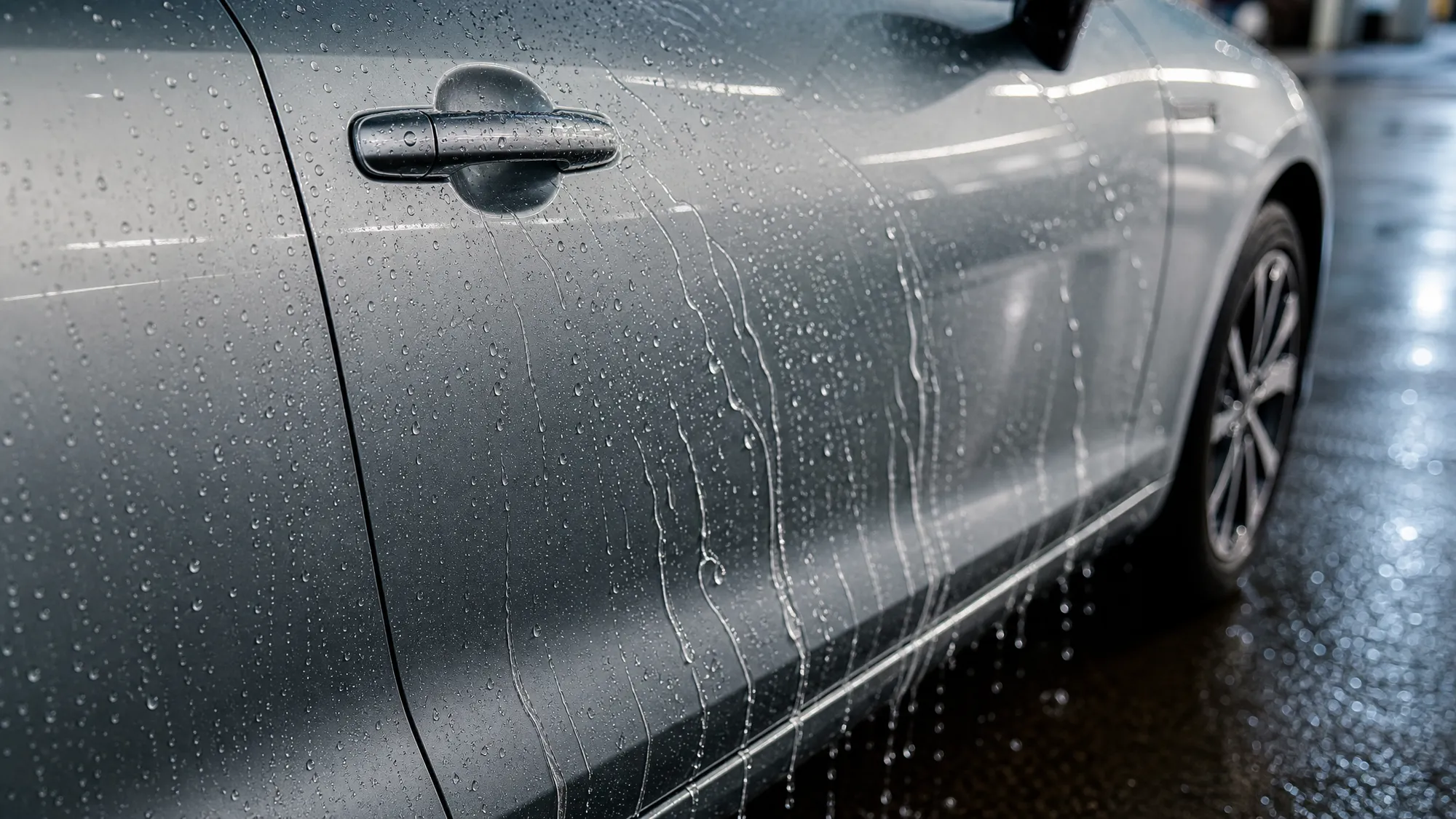 雨上がりの車のドアパネルで、汚れを含んだ水滴が弾かれ筋となって流れ落ちる様子