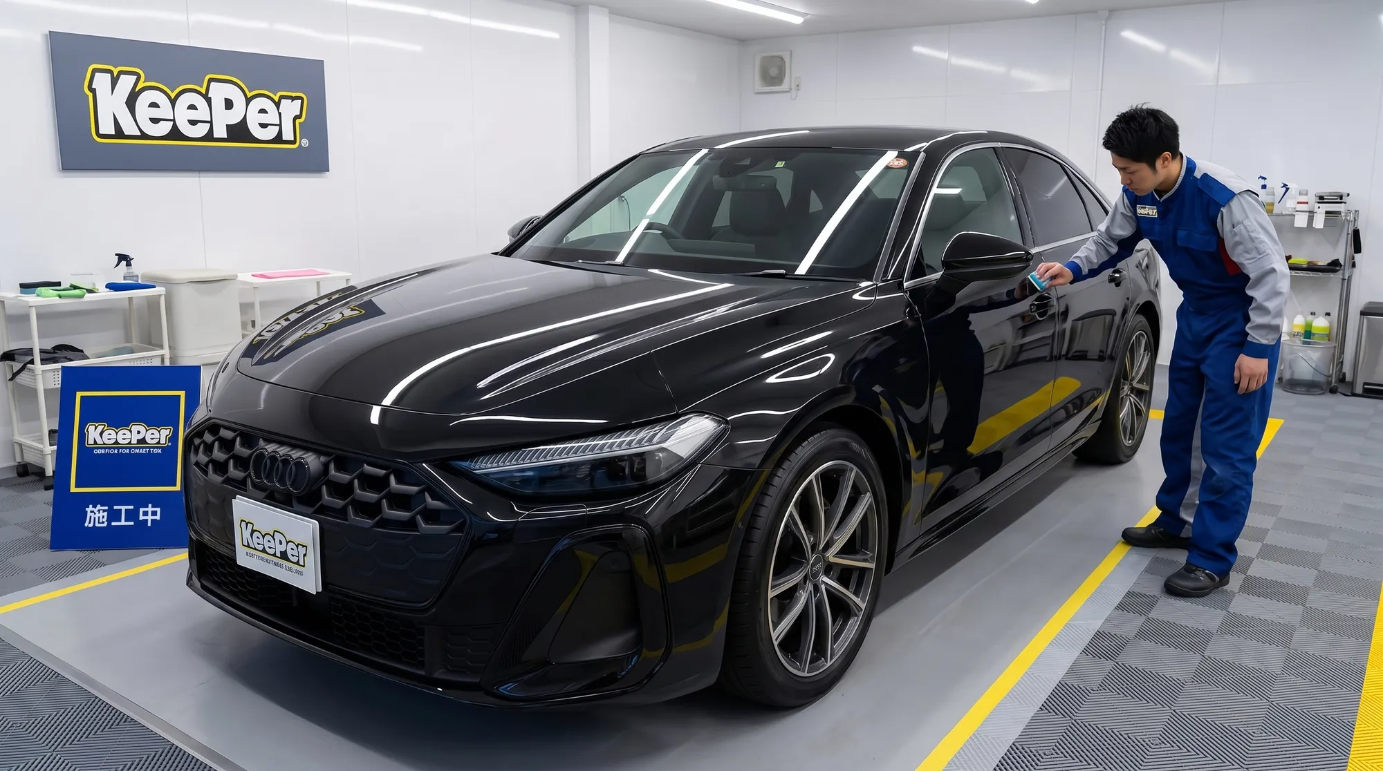 プロのコーティング施工で艶やかに仕上がった車の様子。明るいショールームの照明が磨き上げられた美しい塗装面に鮮やかに映り込む、高級感のあるシーンです。