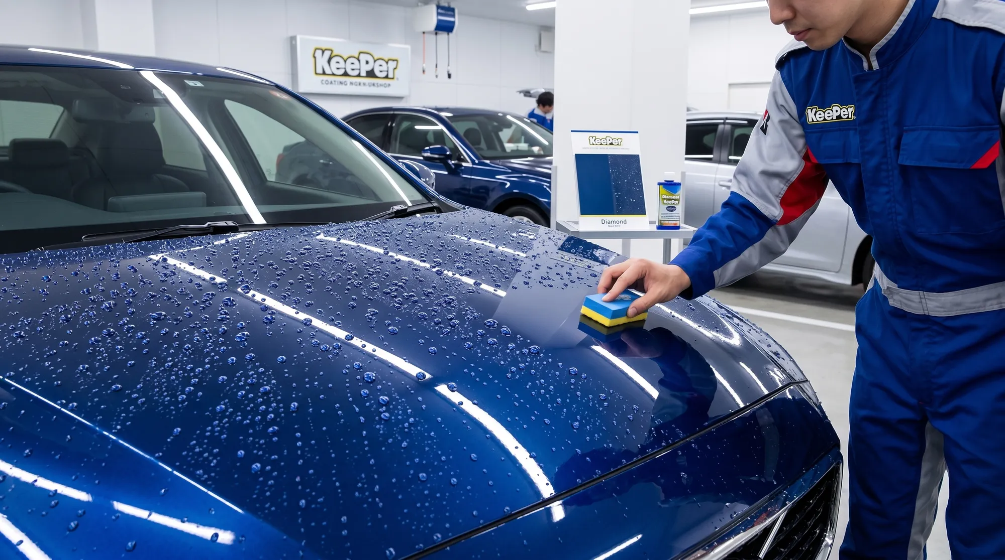 コーティング施工後の車のボンネットで、水滴が美しい玉のように弾く様子を捉えたクローズアップ画像。高い撥水効果と艶やかな質感が伝わる、クリアなシーンです。