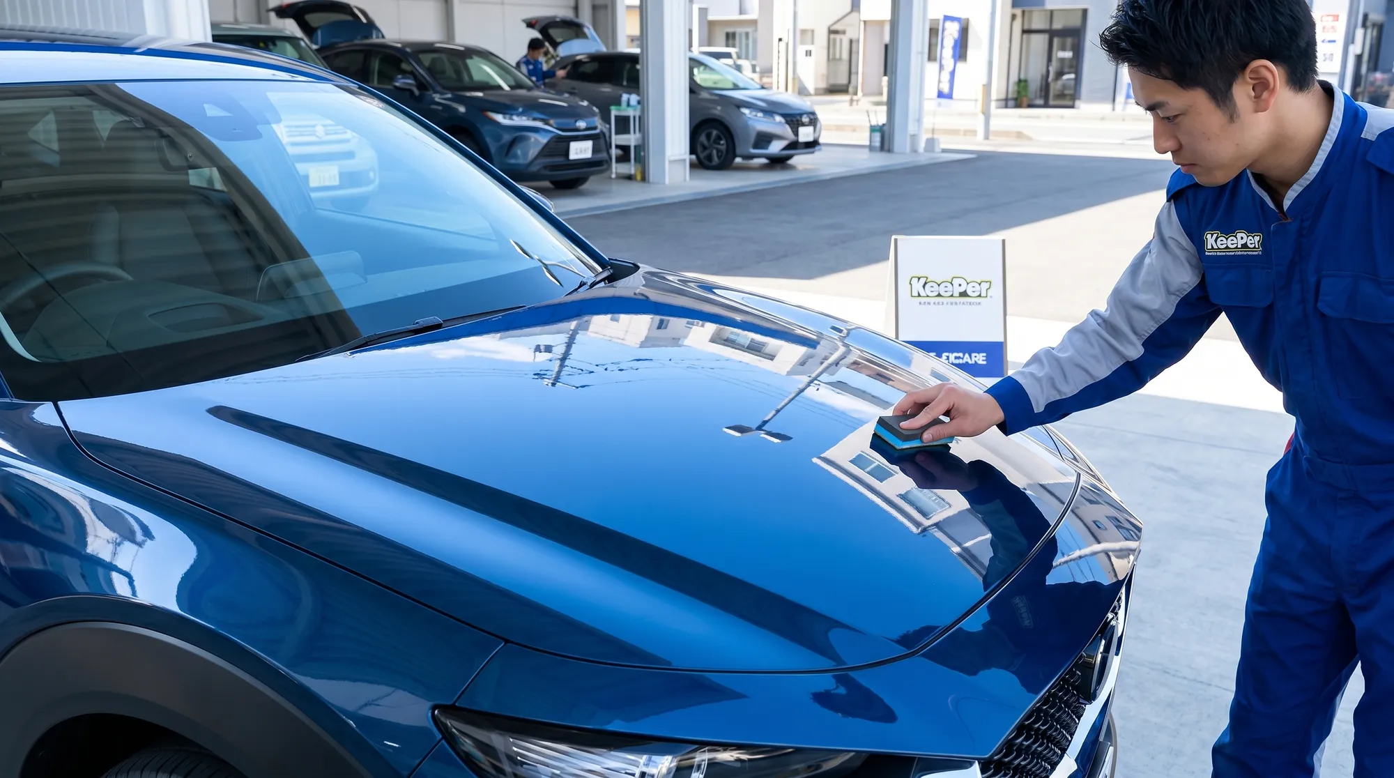 屋外の明るい自然光の下で、コーティング施工後の車のボディに青空や街並みがくっきりと映り込んでいる様子。新車の美しい輝きが際立つ、爽やかで明るいシーンです。