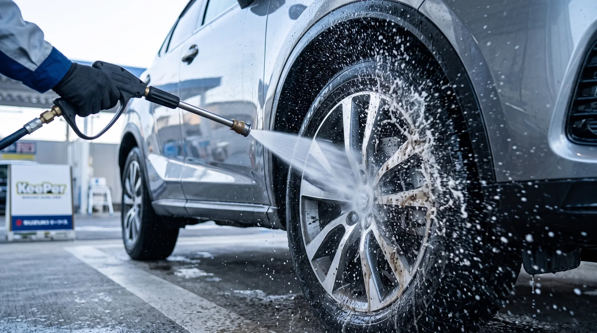 洗車スペースで、車の足回りとホイールに高圧洗浄機で水を噴射しているクローズアップ。付着した汚れを勢いよく洗い流す水しぶきと、作業するスタッフの手元の様子。