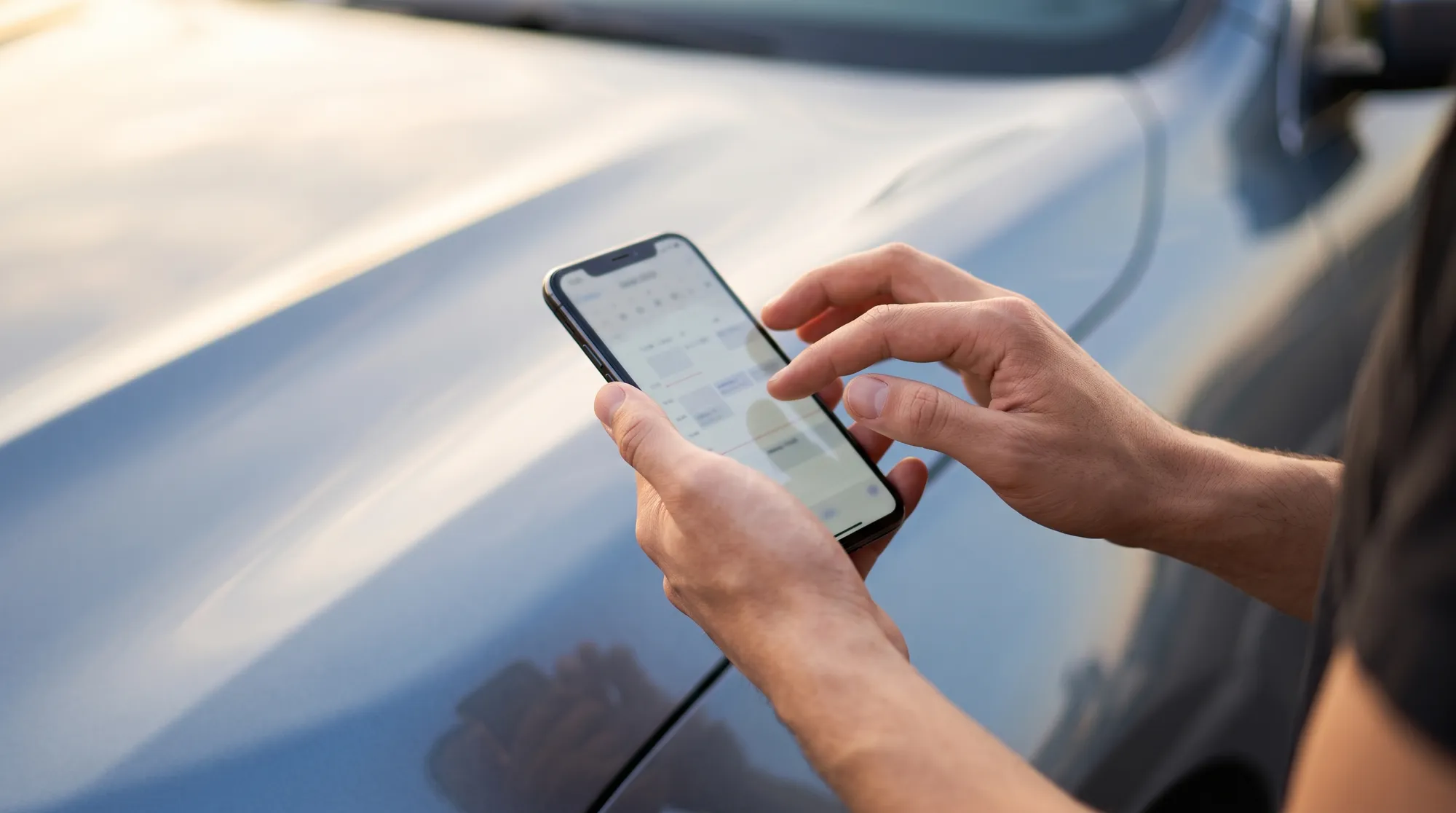 ツヤのある美しい車を背景に、スマートフォンを操作する手元のクローズアップ。滑らかに光を反射する塗装面と、カレンダー画面でスケジュール予約を行うようなシーン。