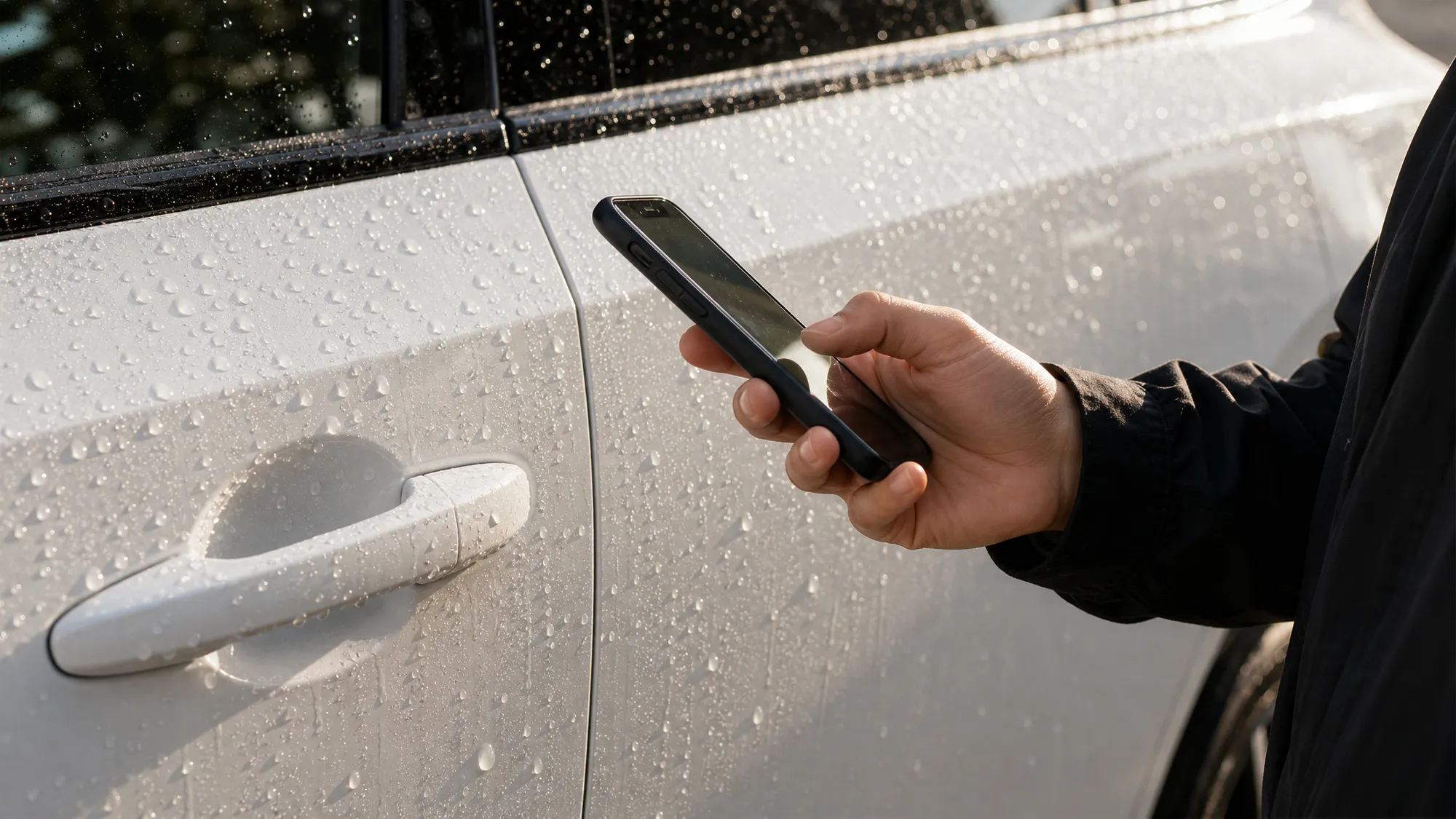 水滴を弾く白い車のドアパネルを背景に、片手でスマートフォンを操作する手元