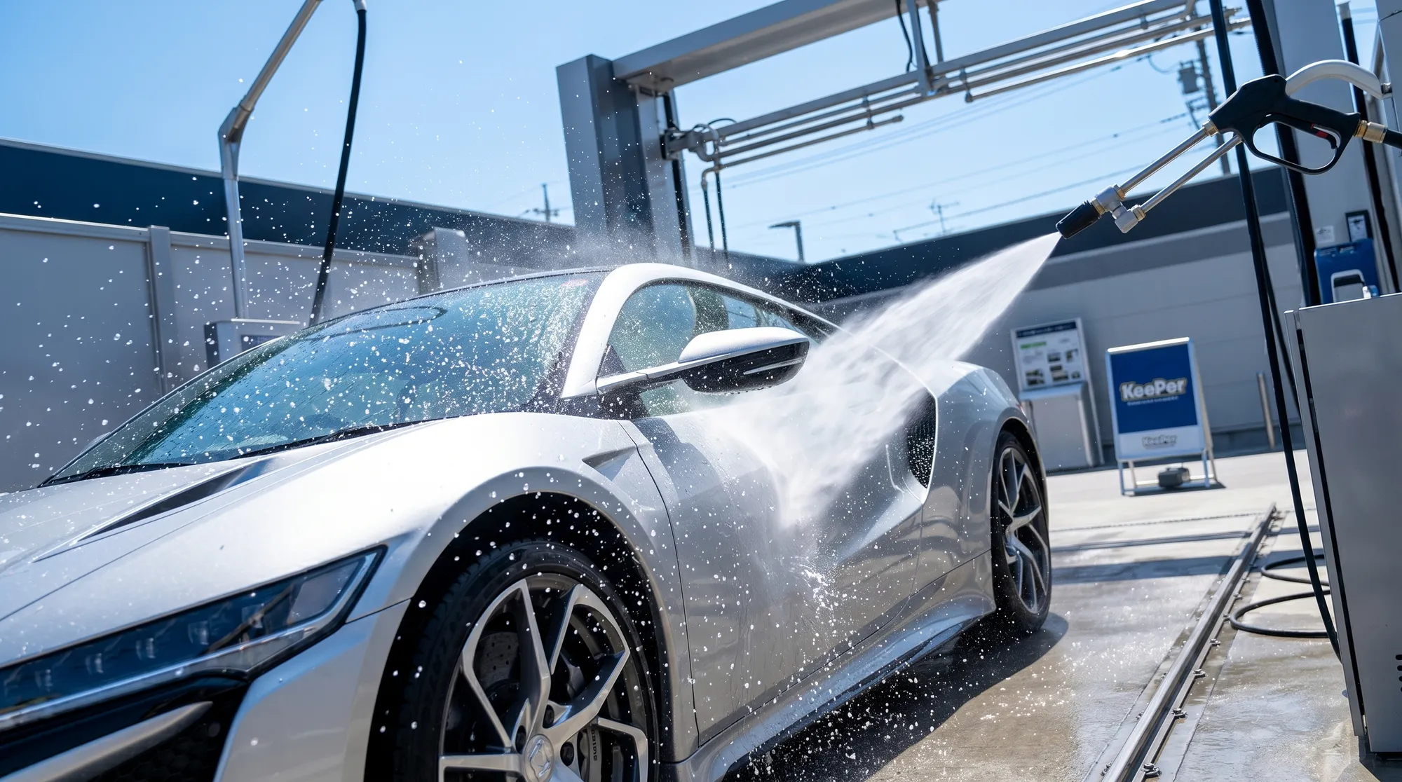 シルバーのスポーツカーに高圧洗浄機から勢いよく水が噴射されている瞬間。飛び散る水しぶきが光を反射して輝く、ダイナミックな洗車シーンを捉えた高画質な画像です。