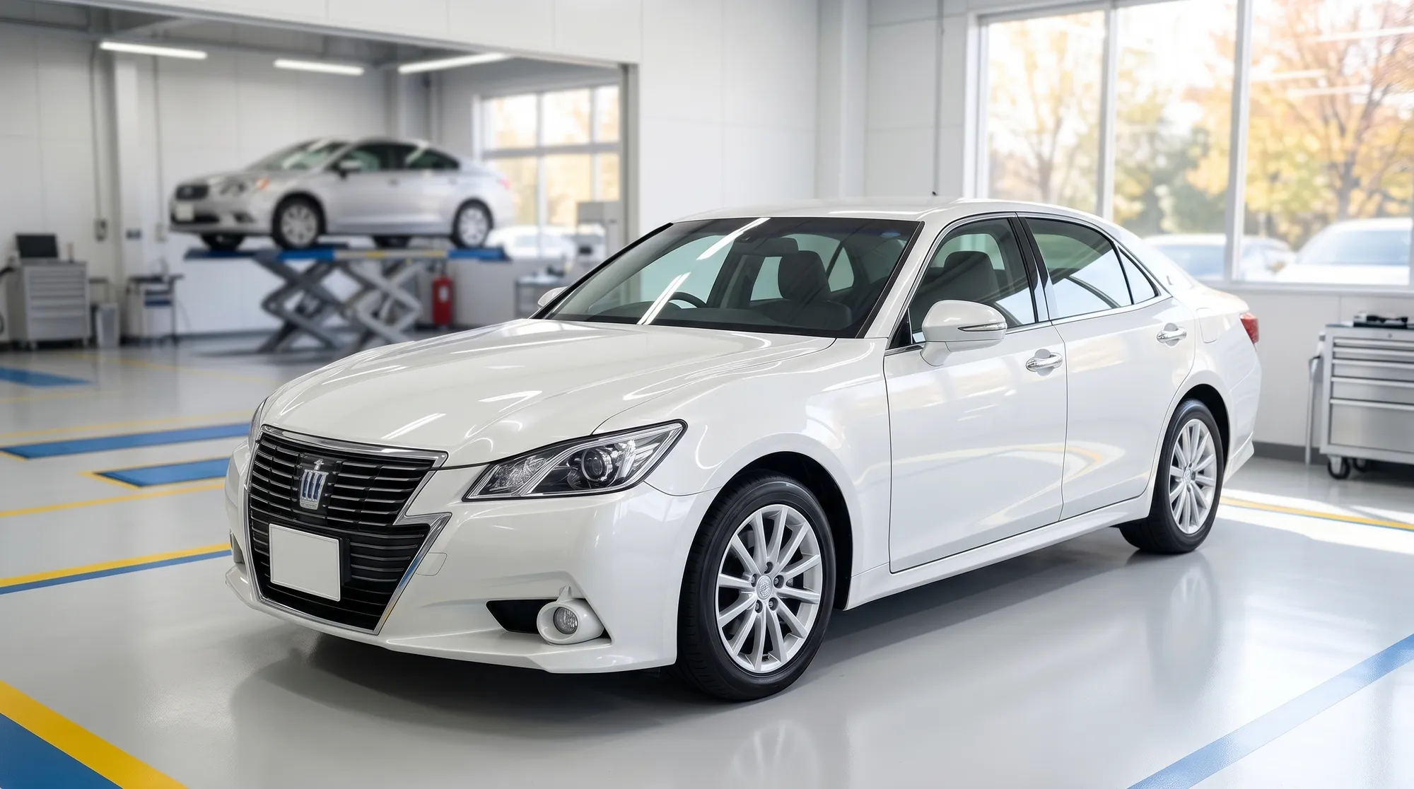 鏡面のように輝く白いセダンが停まる清潔な自動車整備工場の様子。奥にはリフトアップされて点検中の車が見え、柔らかな自然光が差し込む広々とした空間のシーンです。