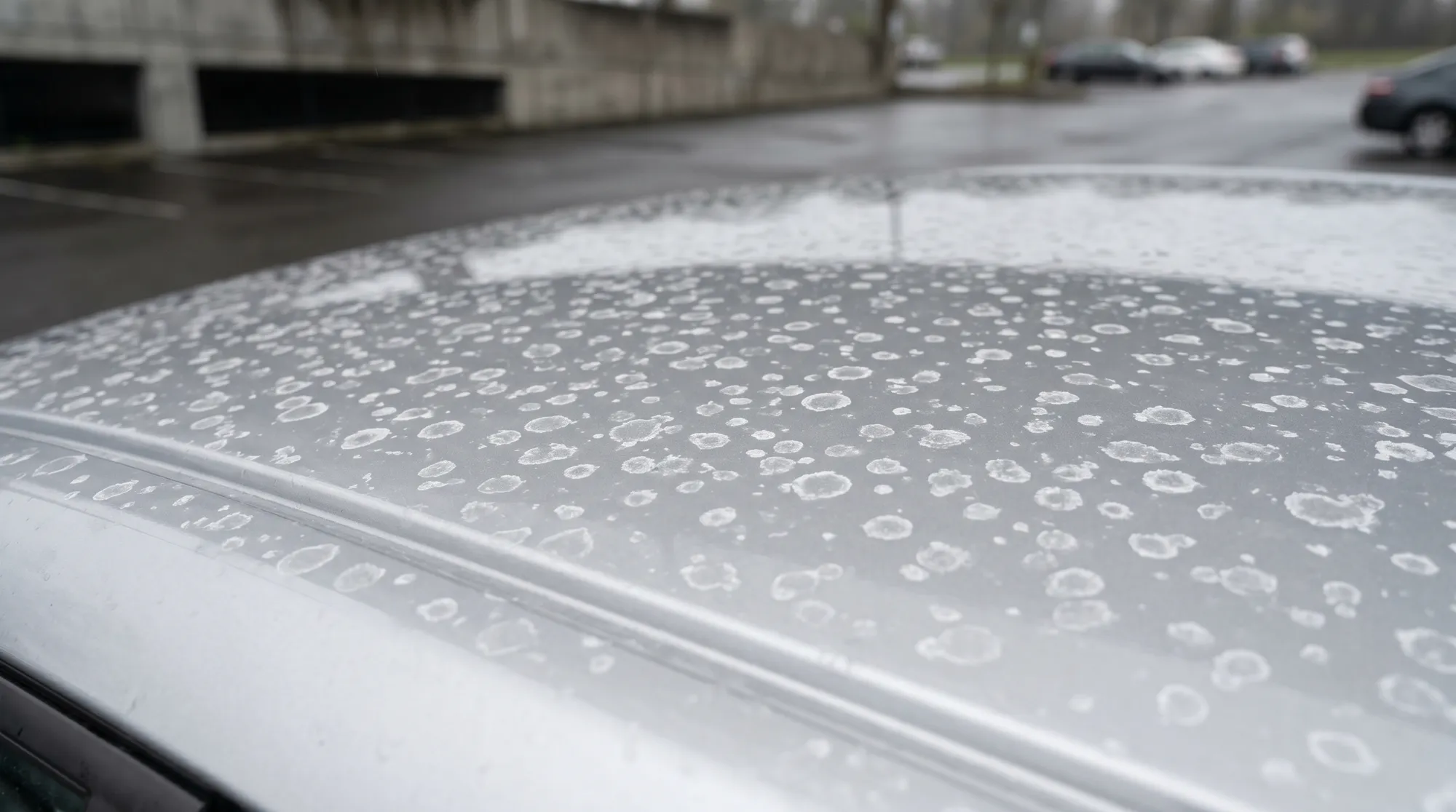 車のルーフ部分に付着した、雨上がり後の白い斑点状の汚れのクローズアップ。雨水のミネラル分が乾いて残った跡を、屋外駐車場を背景にリアルな質感で捉えた様子です。