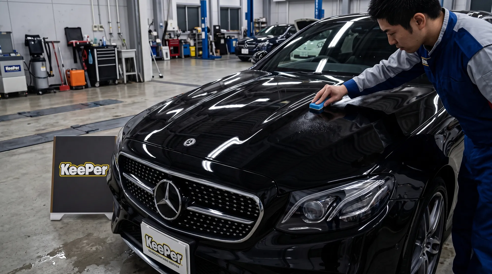 花粉や汚れを防ぐための丁寧なケアが施された、艶のある黒系ボディの車のローアングル写真。周囲の景色が鏡のように反射する、重厚感のある美しい仕上がりのシーンです。