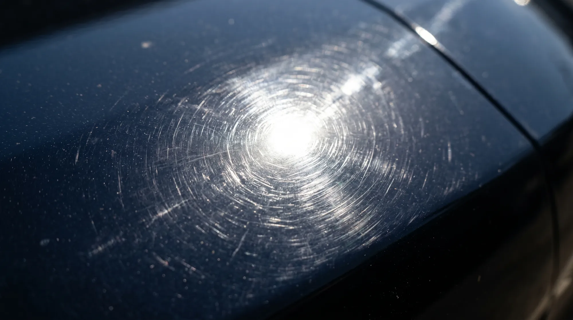強い太陽光が当たる濃紺の車のボディ塗装面のクローズアップ。光の反射の周囲に、細かい円状の洗車傷がはっきりと浮かび上がっているダメージの様子。