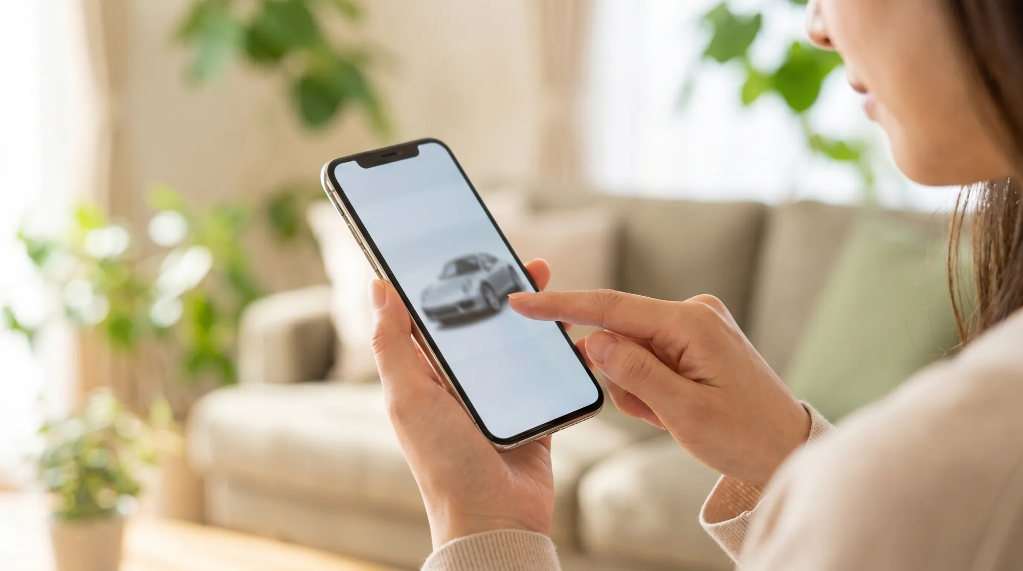 明るいリビングで女性がスマートフォンを操作している手元のクローズアップ。背景の観葉植物が美しくボケる中、スマホ画面には車の写真がうっすらと映っている様子です。