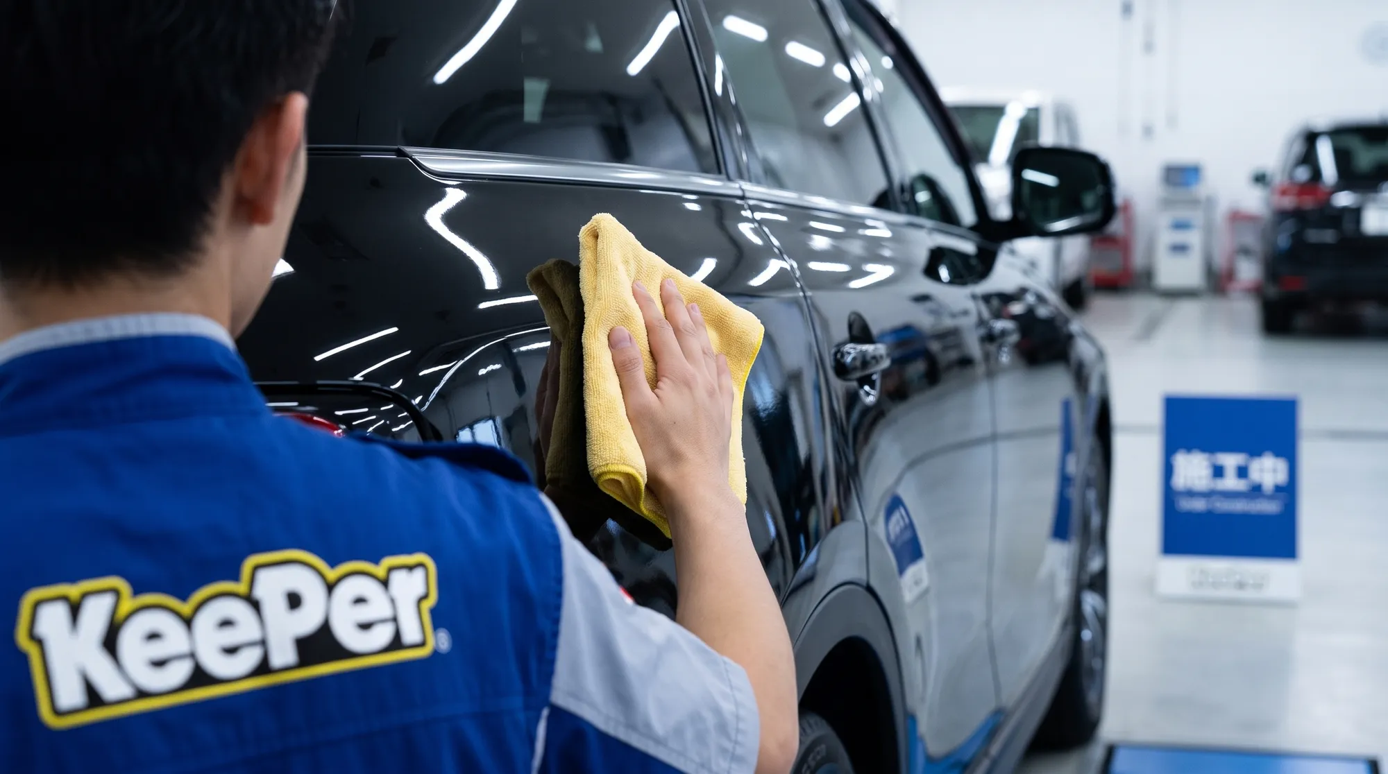 深い艶のある黒い車のボディをスタッフが丁寧に拭き上げる手元のクローズアップ。塗装面の美しい仕上がりと光沢感が強調された、清潔な屋内でのコーティング作業の様子。