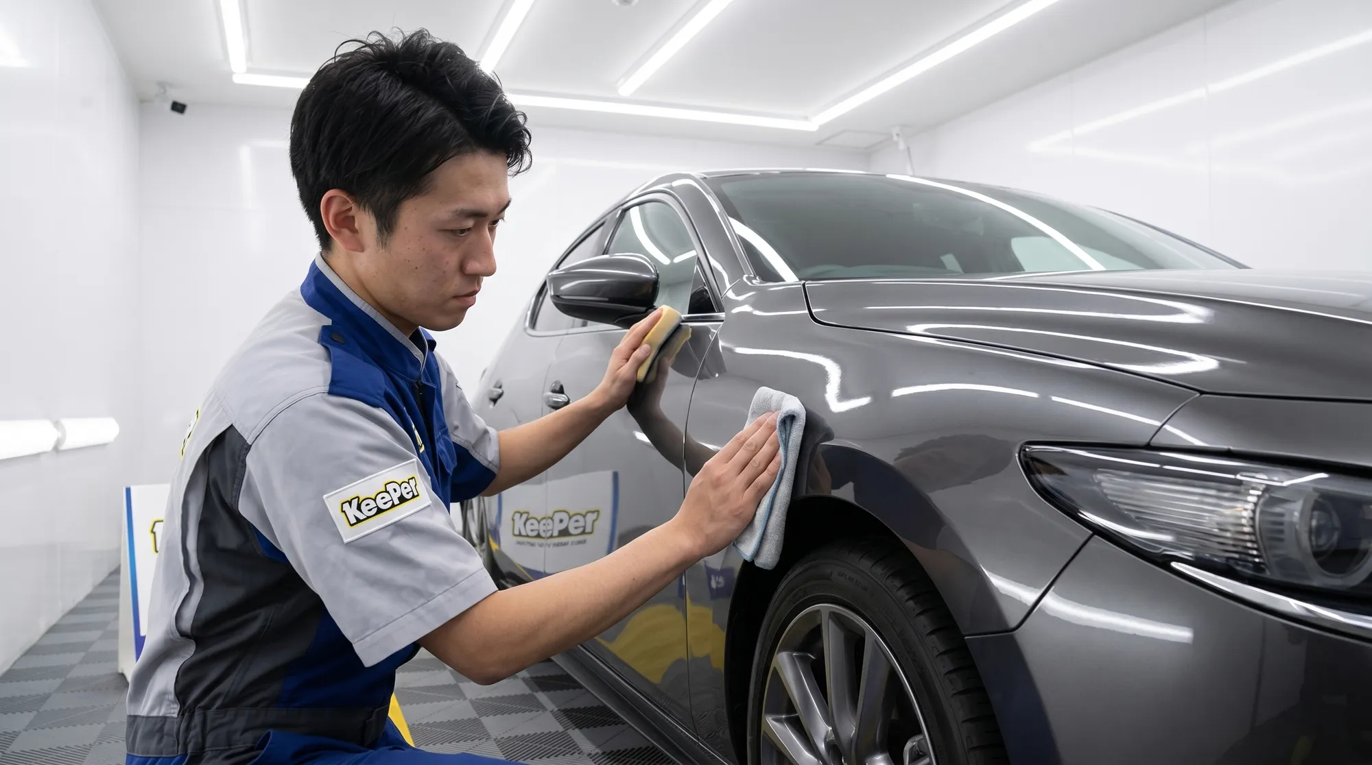 明るい屋内施工ブースで、スポンジとクロスを使い車のサイドパネルを丁寧に仕上げるプロのスタッフの様子。光沢を増していくボディと精密な手元の動きを捉えたシーン。