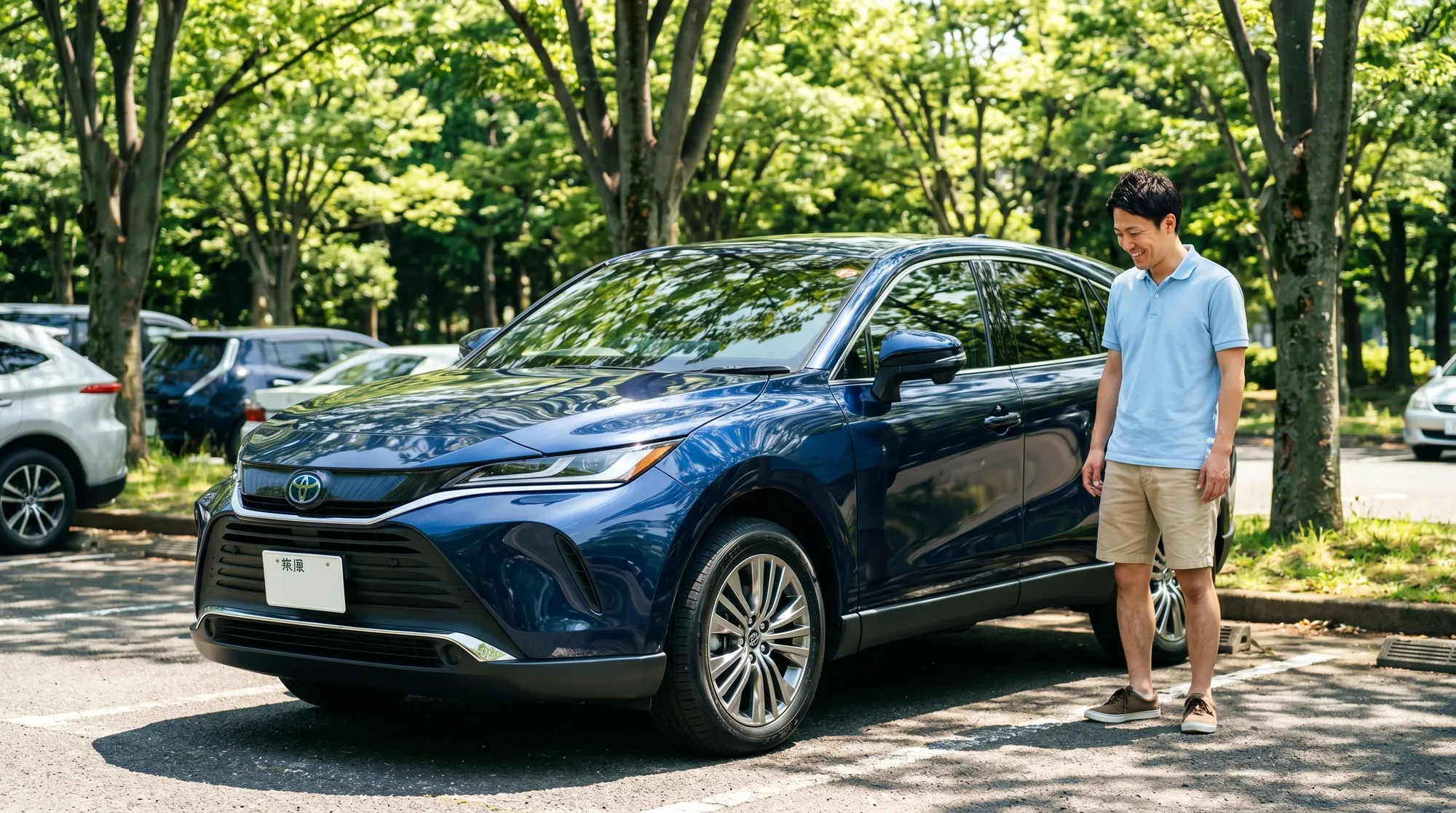 緑豊かな公園の駐車場で、美しくコーティングされたSUVとそれを満足げに見つめるオーナーの様子。太陽の光を反射する艶やかなボディと休日の充実感を描写したシーン。