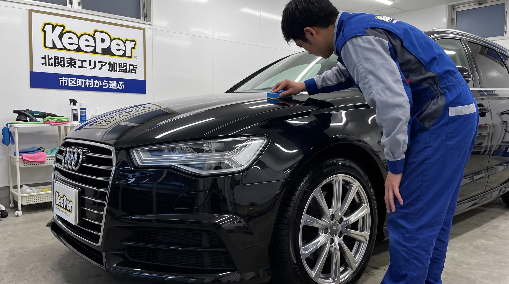 艶のある黒系の車のボディと周囲の反射のディテールをローアングルから捉えたクローズアップ画像。重厚感があり引き締まった色味で、美しい仕上がりが伝わるシーン。