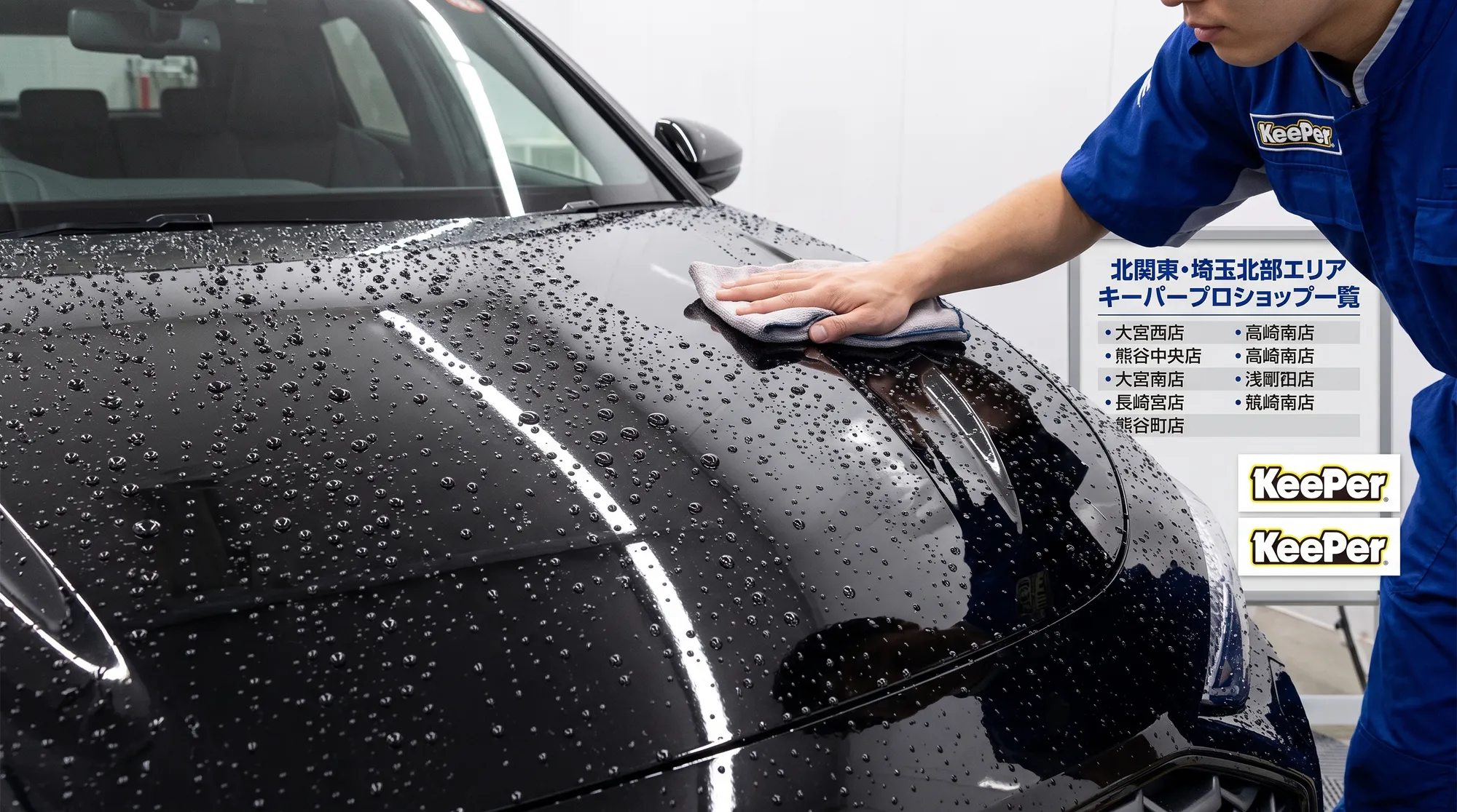 コーティング施工により、車のボンネット上で水滴が美しい玉のように弾いている様子を捉えたクローズアップ画像。コントラストが高くクリアで写実的な質感のシーン。