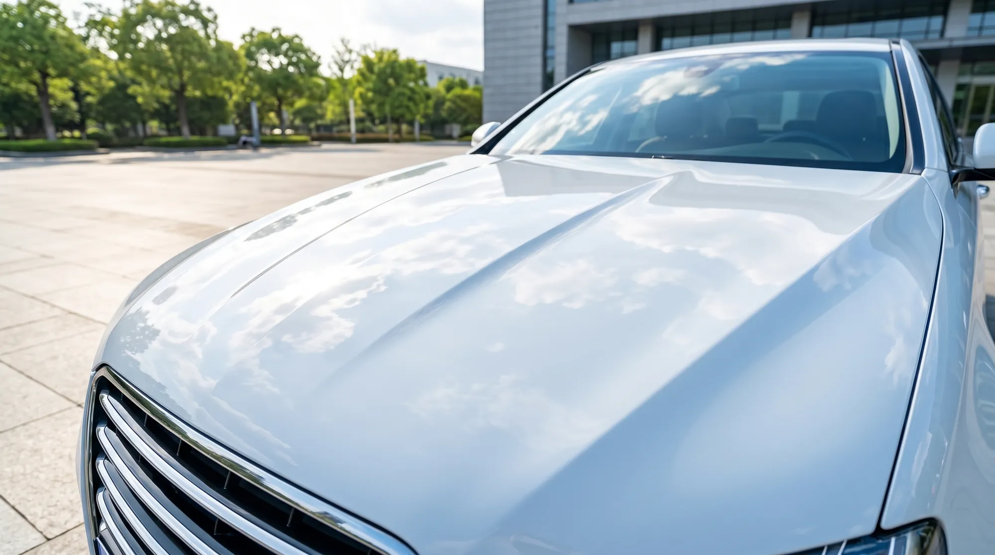 晴れた屋外で新車のように輝く白いセダンのボンネットの様子。クリアコーティングされた美しい表面には、周囲の青空と白い雲が鏡のように鮮やかに反射しています。