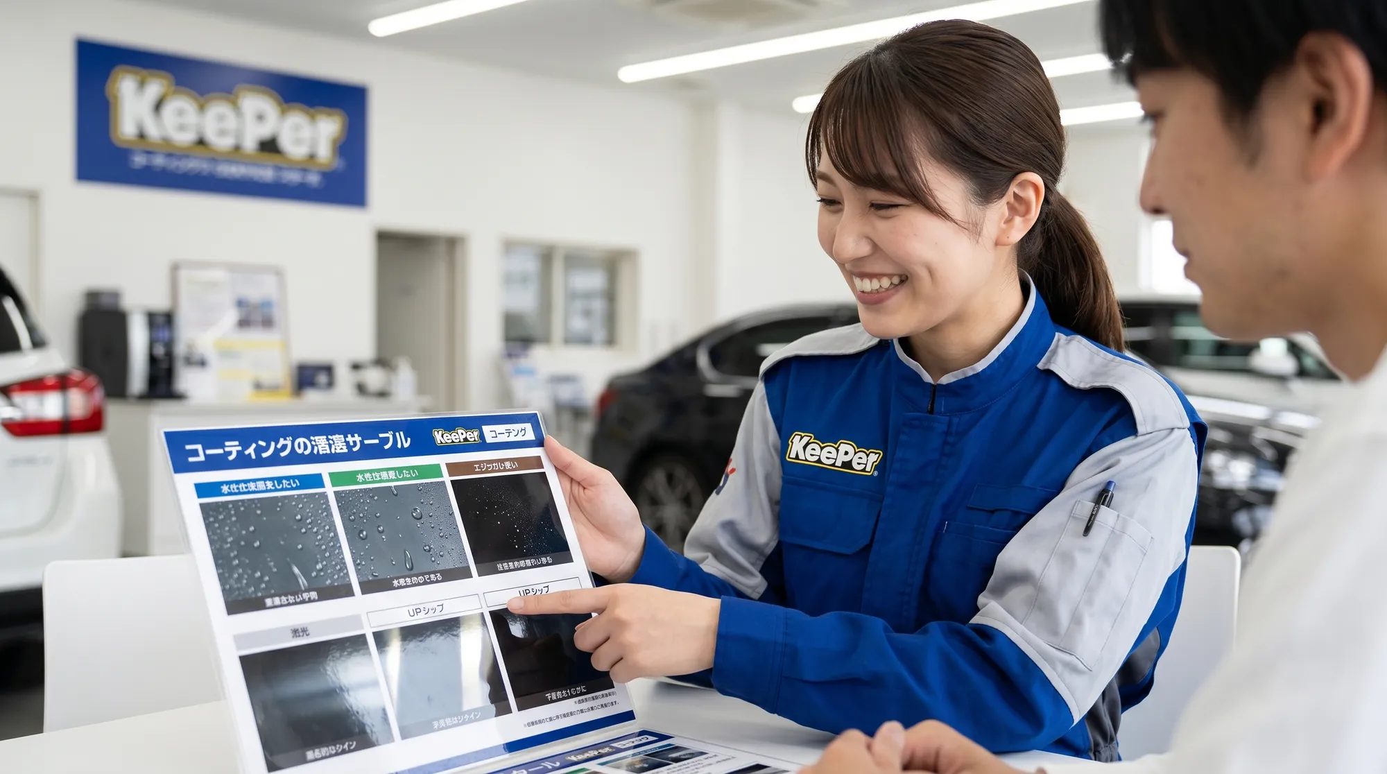 制服を着た女性スタッフが、テーブル越しにお客様へ車のコーティング用サンプルパネルを指差して丁寧に説明しているシーン。リラックスした安心感のある接客の様子です。