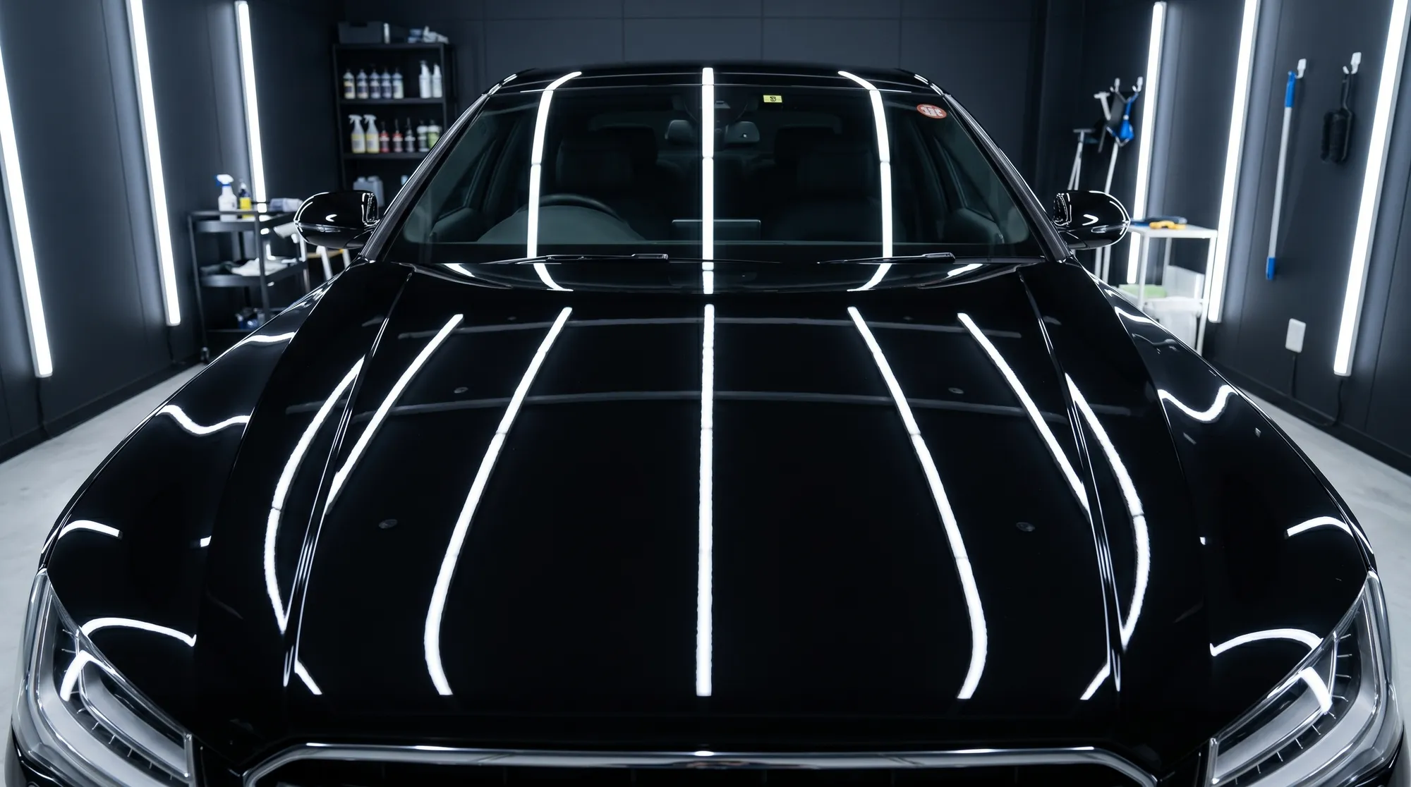 極上の艶を放つ黒い車のボンネットのクローズアップ。鏡のようなボディ表面に屋内ブースのLED照明がくっきりと反射している、美しいコーティングの仕上がりの様子。