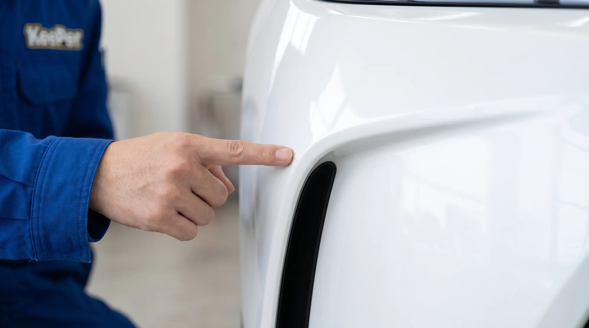 純白の車のフロントバンパー曲面を捉えたクローズアップ。青い作業着を着たスタッフの手元が、飛び石の当たりやすいバンパーの先端部分をそっと指し示している様子。