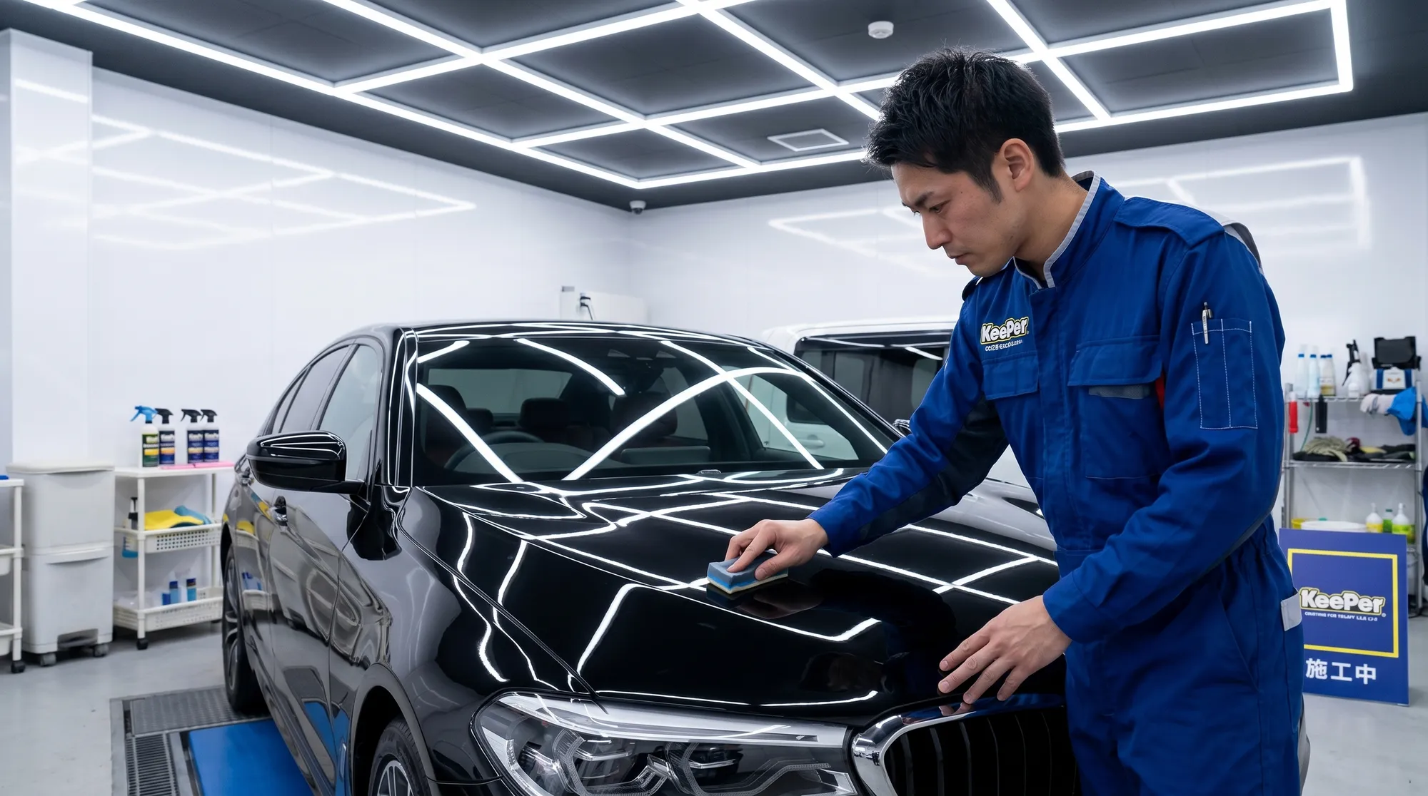 明るい屋内の専用ブースで、スタッフが黒いセダンのボディにコーティング剤を塗り込んでいる様子。漆黒の艶やかな車体とLED照明のコントラストが際立つ作業シーン。