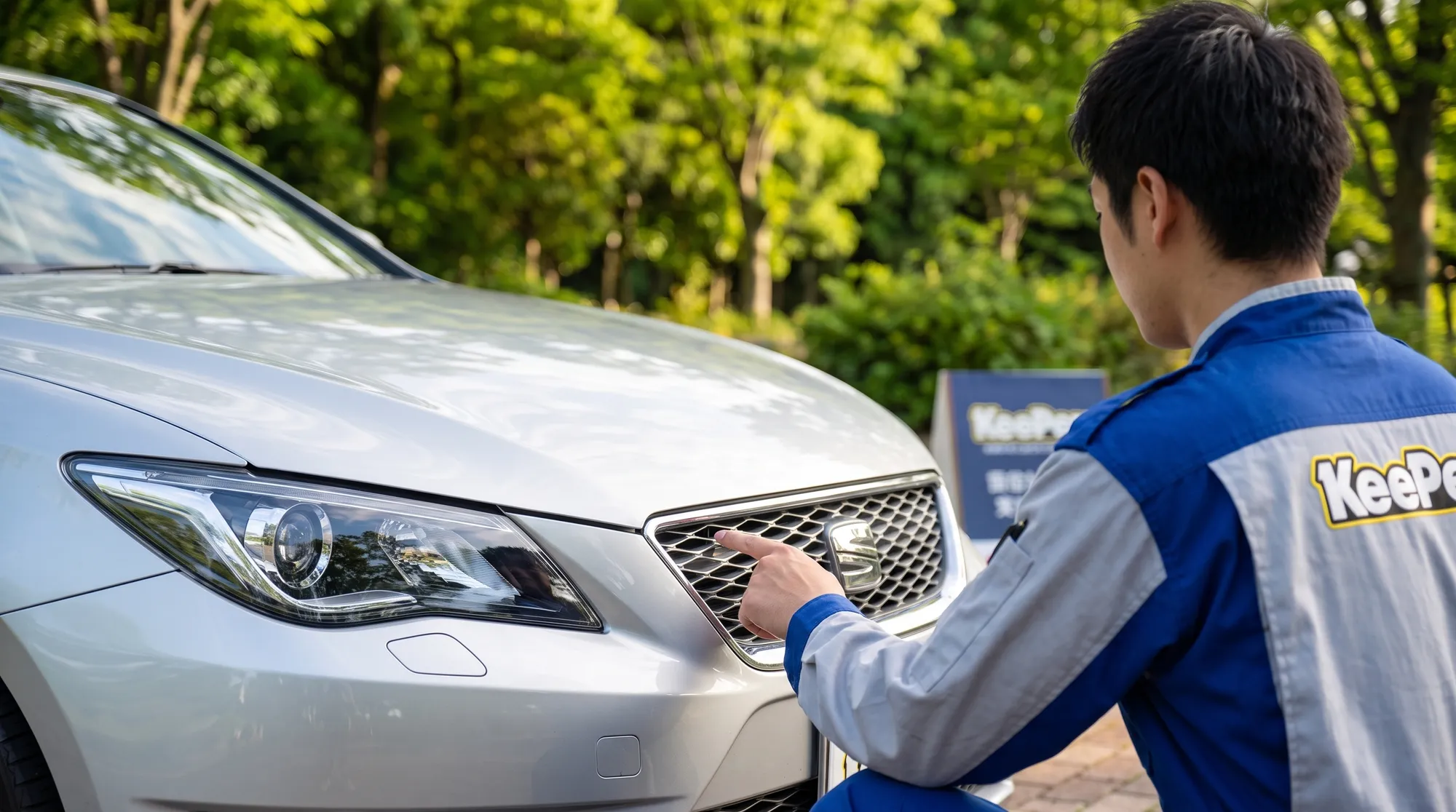 爽やかな自然光の下、青い制服のスタッフがシルバーの車のフロントグリル付近を指差して状態を確認する様子。背景の緑が美しくボケる明るく親しみやすいクローズアップです。