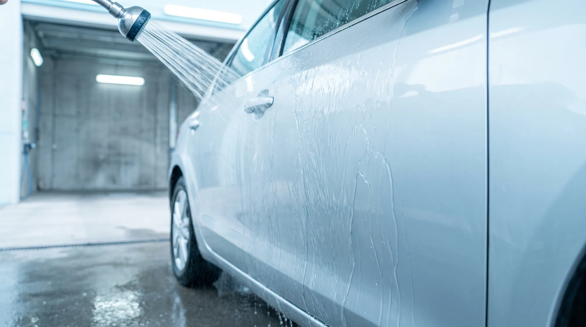 シルバーの車のサイドドアにシャワーで水をかけているシーン。表面に均一な水膜を作りながら滑らかに水が流れ落ちていく、親水性の特徴がよくわかる様子です。