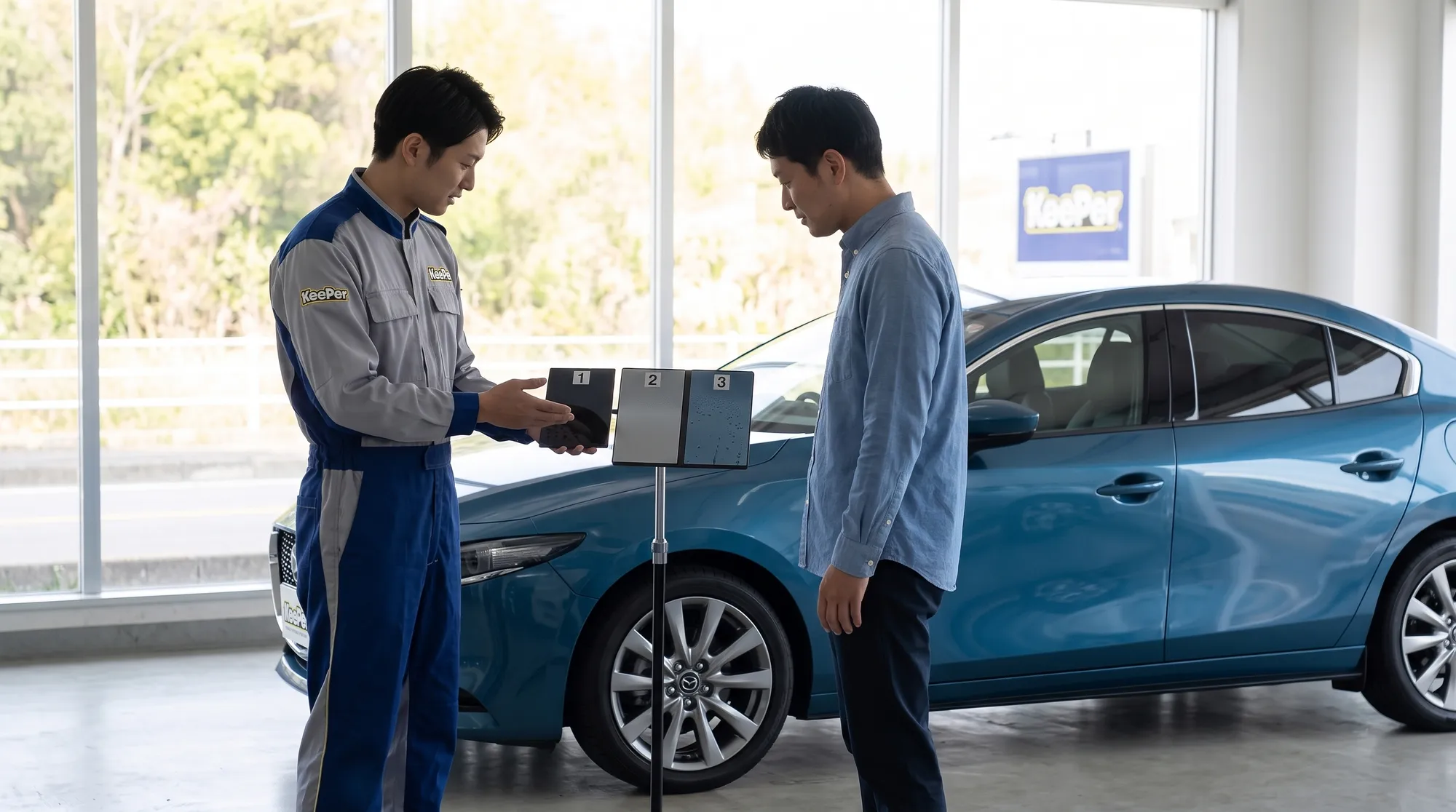 自然光が差し込む明るいショールームの様子。プロの施工スタッフと車のオーナーが、展示車の横で3種類のコーティングサンプルパネルを見比べて相談しているシーンです。