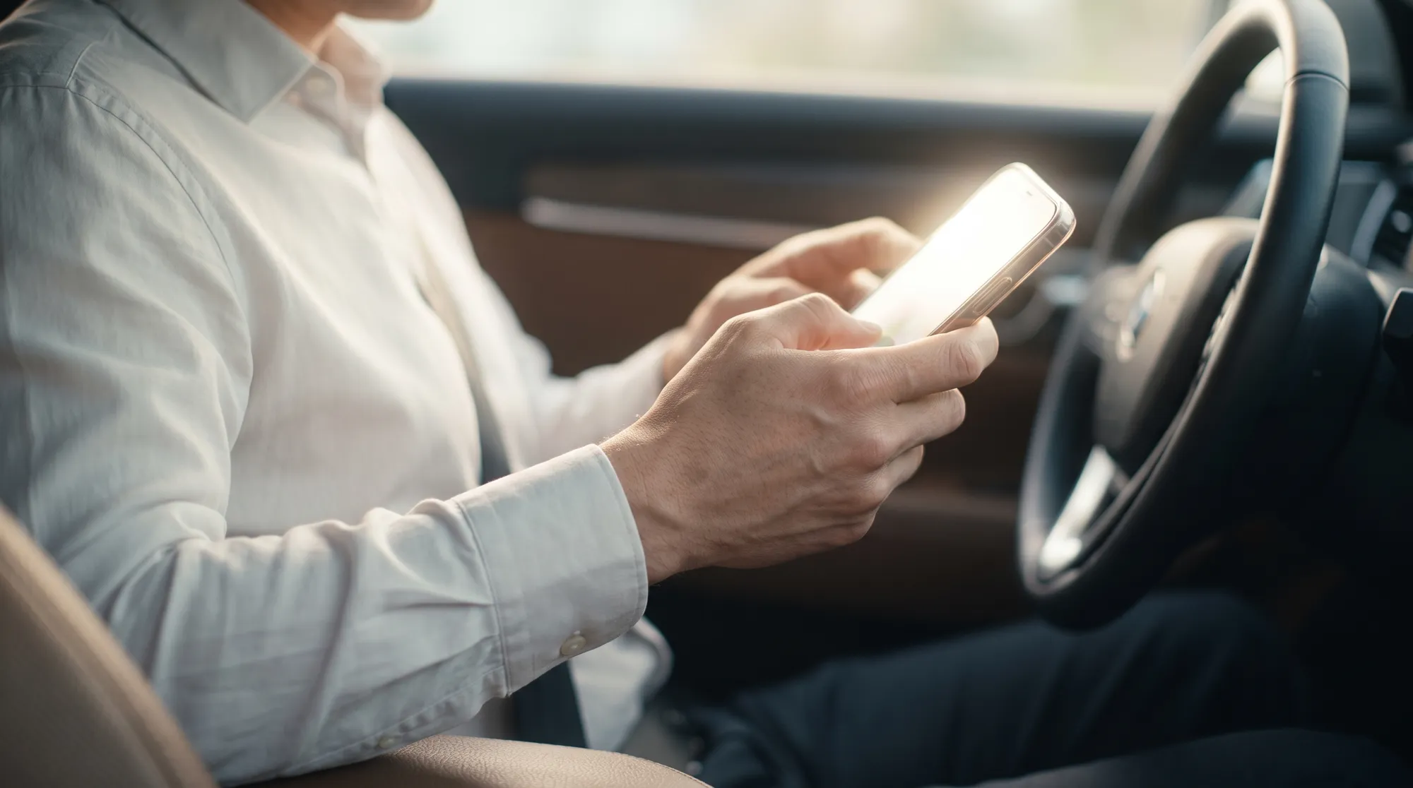 春の柔らかい自然光が差し込む明るい車内で、運転席に座る人物がスマートフォンを操作している手元のクローズアップ。スマホの画面は光で白飛びしてぼやけている様子です。