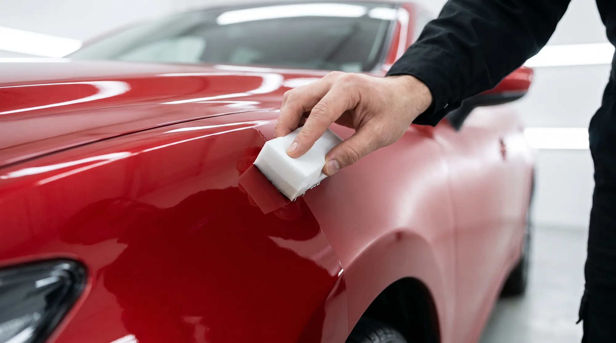 下地処理された赤い車の塗装面に、コーティング剤をスポンジで塗り込んでいる手元のクローズアップ。塗布された部分の深い艶と未塗布の面との対比が美しい作業風景。