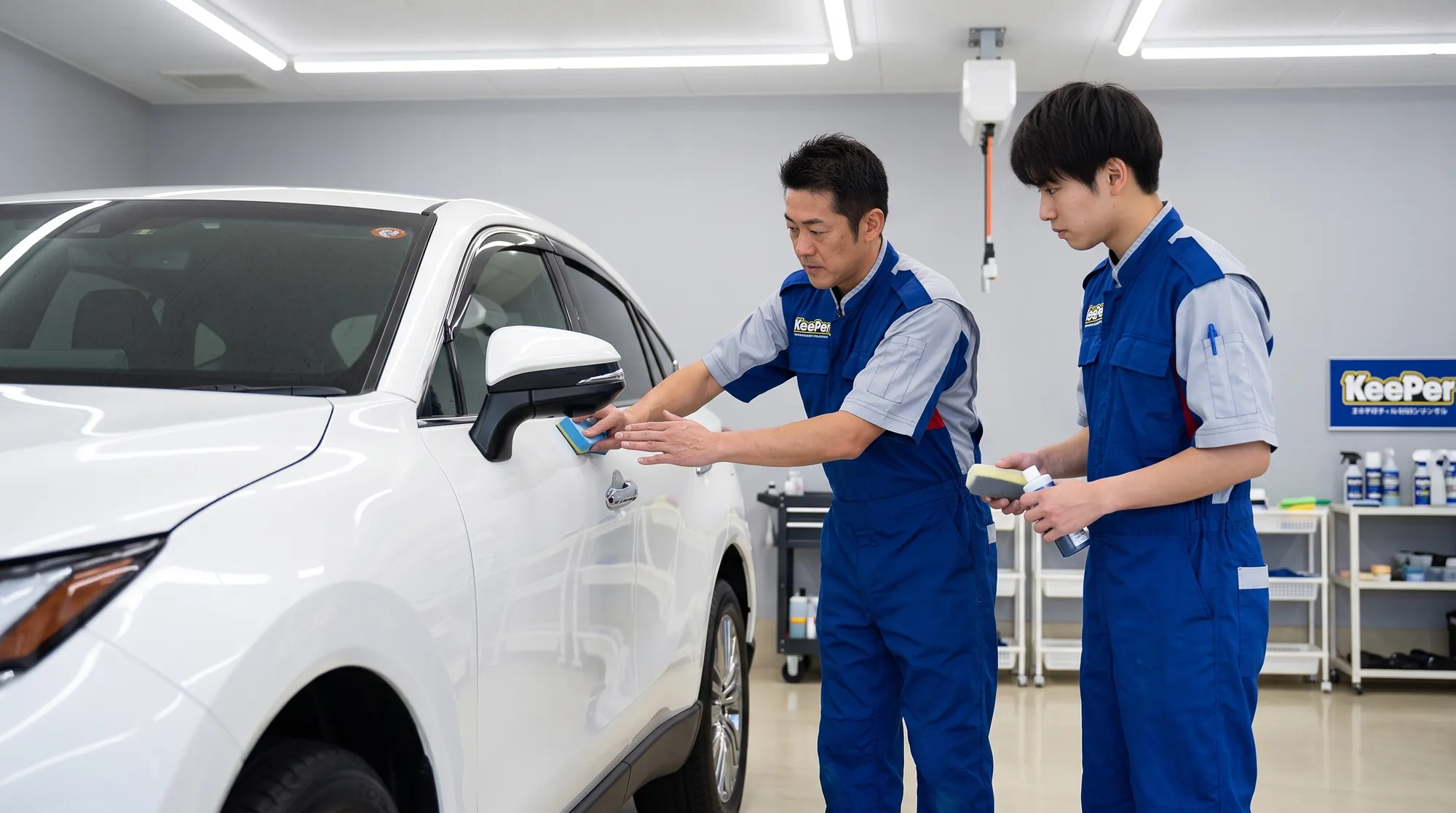 設備の整った明るい屋内で、ベテラン技術者が若いスタッフに対して白いSUVのボディへスポンジを使ったコーティング剤の塗布方法を熱心に指導しているシーン。