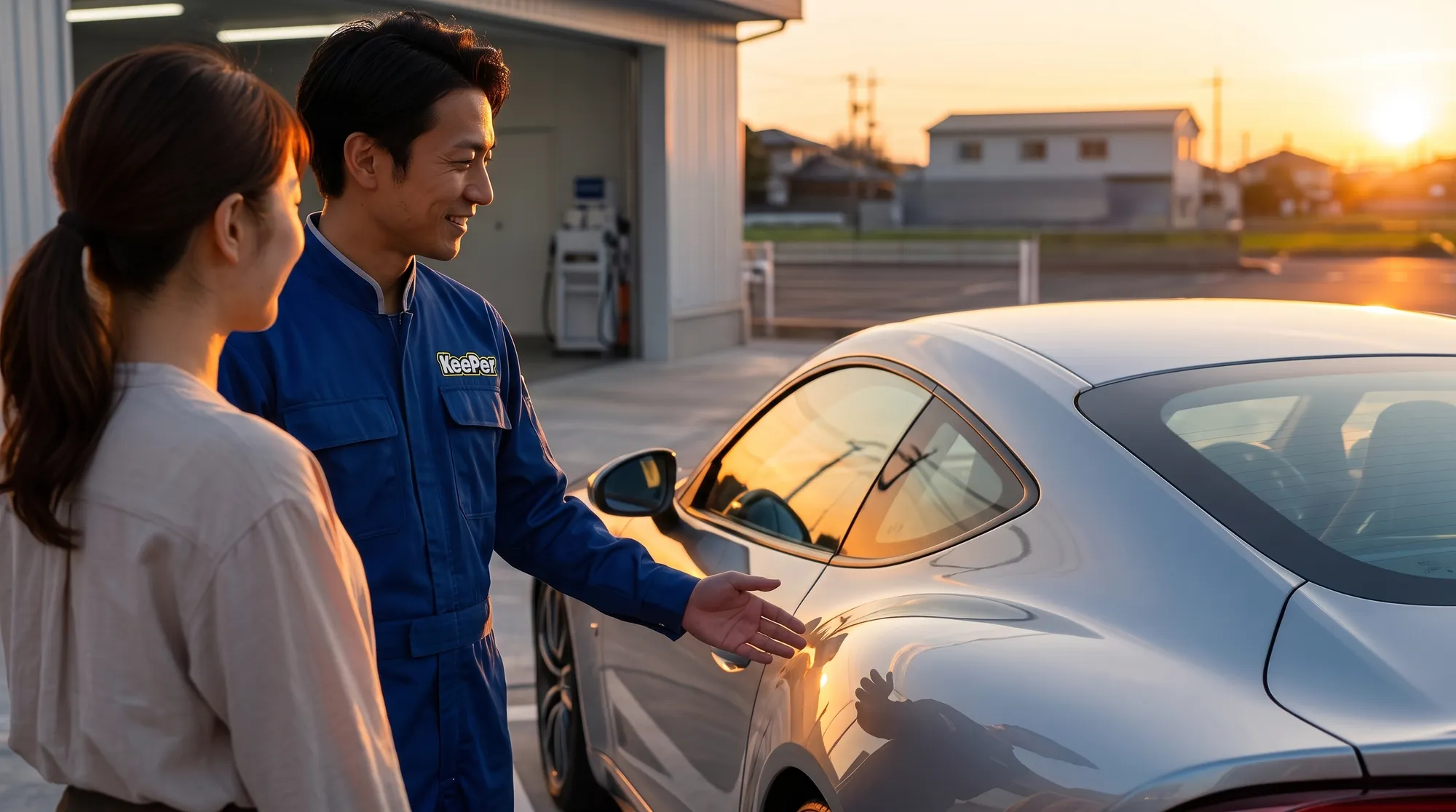 暖かな夕暮れ時、コーティングが完了して新車のように輝くシルバーのスポーツカーを前に、お客様とスタッフが会話している様子を斜め後ろから捉えたシーン。