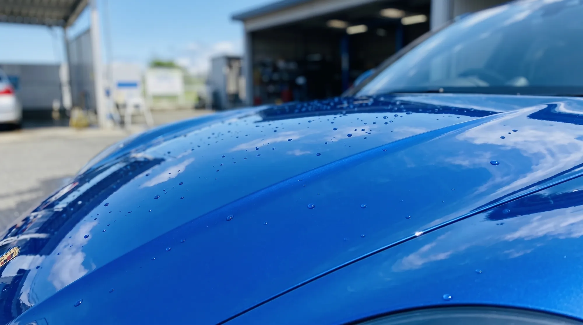 初夏の青空と白い雲を鏡のように美しく反射する、鮮やかなブルーの車のボンネットのクローズアップ。水弾きの良さと深い艶、滑らかな塗装の質感が伝わる様子。