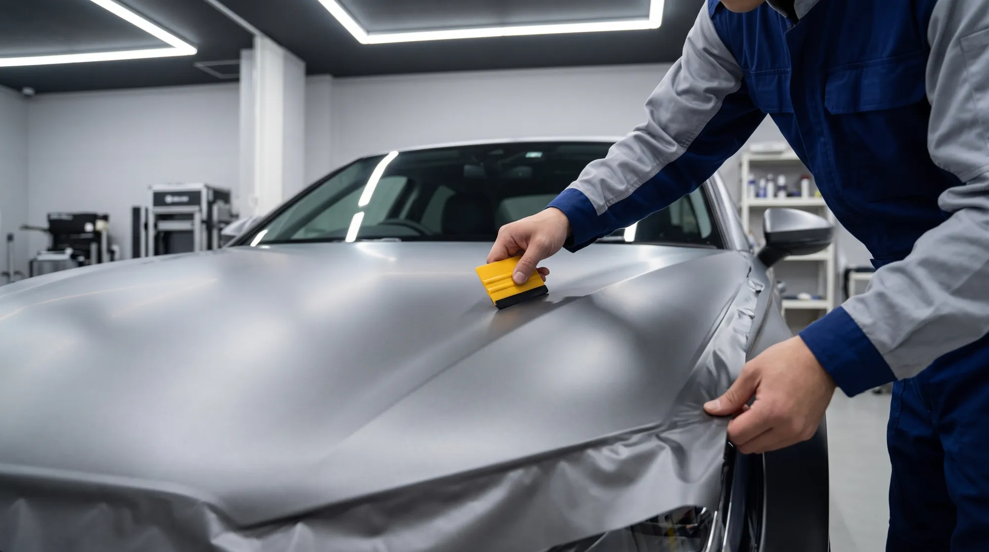 車のボンネットにマットグレーのラッピングフィルムを丁寧に貼る作業員の姿。専用のヘラを使って空気を抜き、滑らかに伸ばしている手元を強調したクローズアップです。